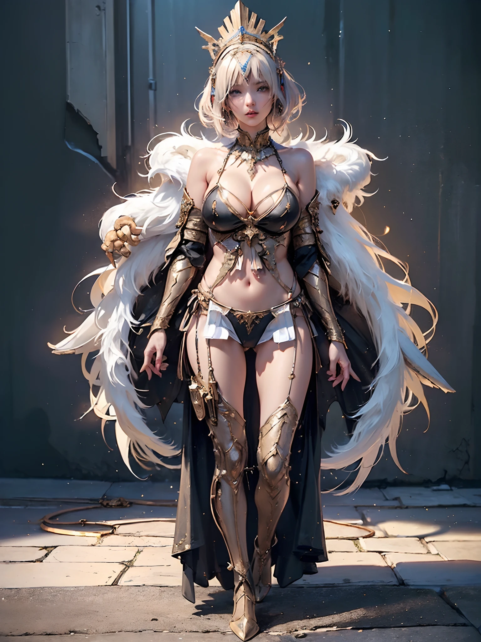 (( (tmasterpiece),(Very detailed CG Unity 8K wallpaper),(bustshot:1.5), best qualtiy,cinmatic lighting,Photorealsitic, 细致背景,beatiful detailed eyes,Bright pupils,(Very fine and beautiful),(Beautiful and detailed eyes description),ultra - detailed,tmasterpiece,hight resolution)), ((Dressed in insanely sexy bikini armor:1.4)), Rose gold armor, Richly decorated armor, a beautiful woman warrior, Shorthair, Platinum Blonde Hair, cleavage of the breast