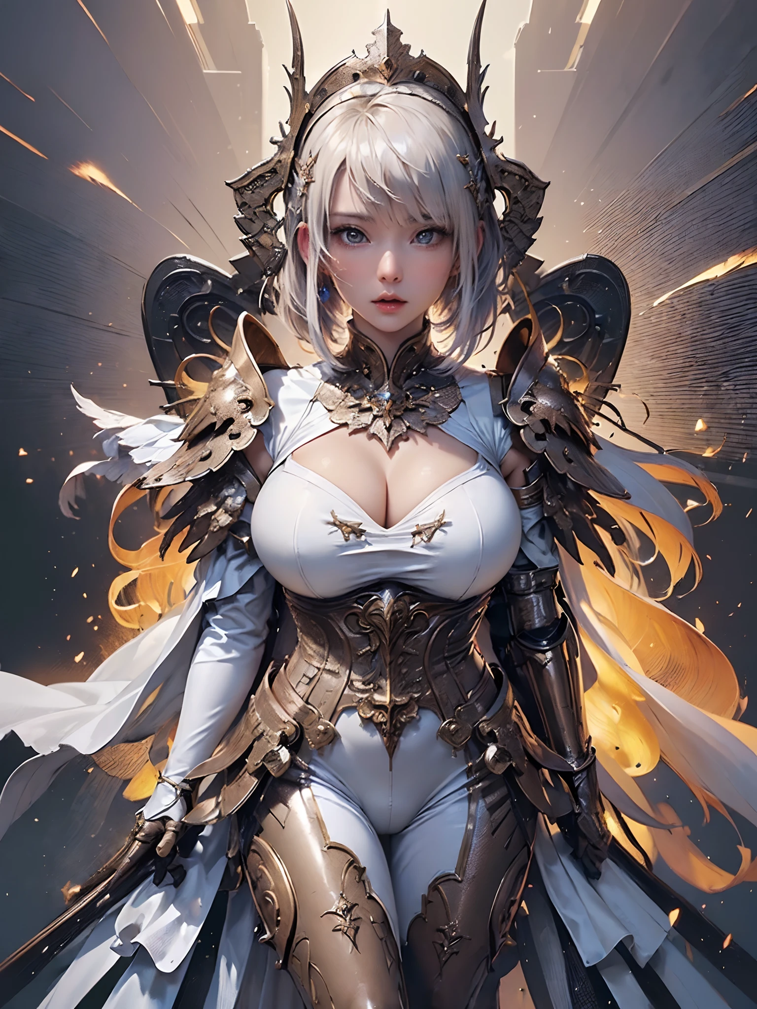 (( (tmasterpiece),(Very detailed CG Unity 8K wallpaper),(bustshot:1.5), best qualtiy,cinmatic lighting,Photorealsitic, 细致背景,beatiful detailed eyes,Bright pupils,(Very fine and beautiful),(Beautiful and detailed eyes description),ultra - detailed,tmasterpiece,hight resolution)), ((Dressed in insanely sexy bikini armor:1.4)), Rose gold armor, Richly decorated armor, a beautiful woman warrior, Shorthair, Platinum Blonde Hair, cleavage of the breast