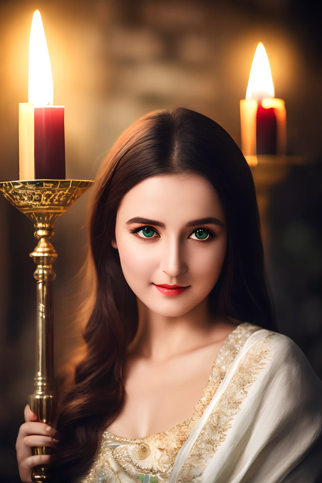 fair complexion, woman around 19 years old, natural white hair, distinctive green eyes, wearing kohl, slender and Indira Gandhi graceful, beautiful, candlelight in a medieval setting, ultra sharp focus, realistic shot, medieval female clothes, tetradic colors