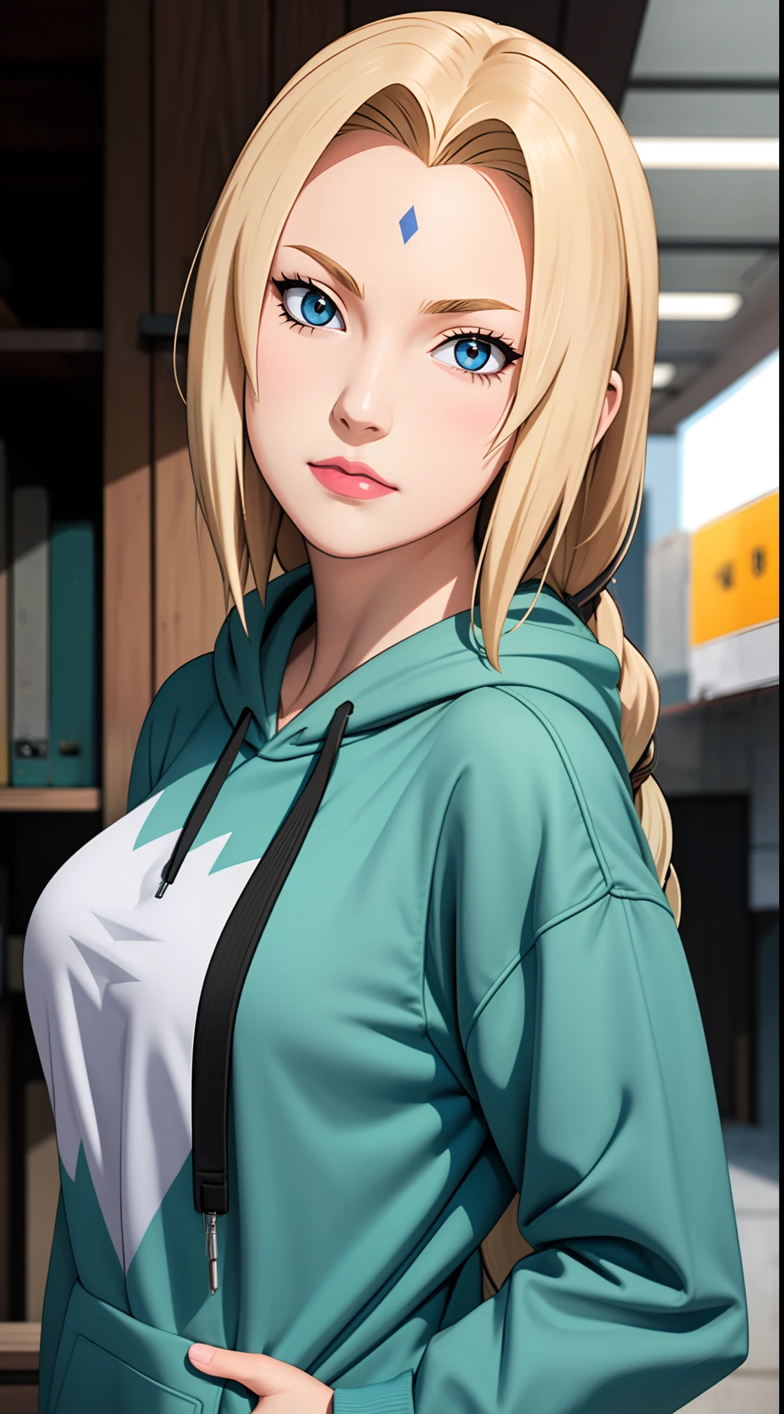 masterpiece, best quality, ultra-detailed, 1girl, upper body, 
long hair, blonde hair, french braid, blue eyes, blunt bangs, 
Wearing Streetwear Hoodie, stylish,
medium breast, cool attitude 
looking at viewer, Tsunade \(shippuden\)