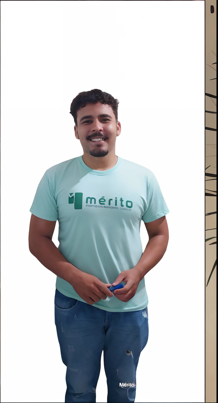 Homem, jovem de 25 anos, barba cavanhaque, pele marrom clara, sorrindo, olhos castanhos apertados, no estilo do filme Up da PIXAR