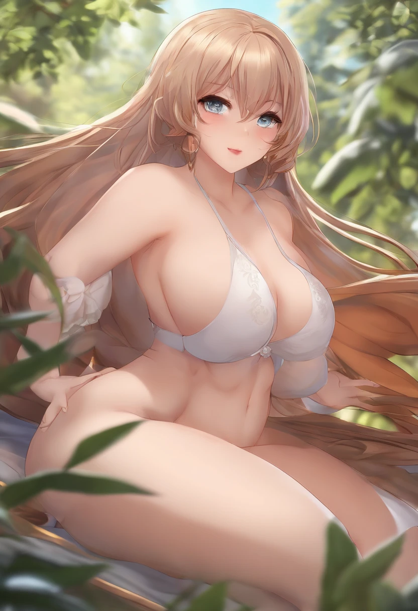 an thicc anime girl , (Clearly visible detailed female pubic hair:1.0),(do not wear any clothing),(Appear to be totally nude),(full body)
