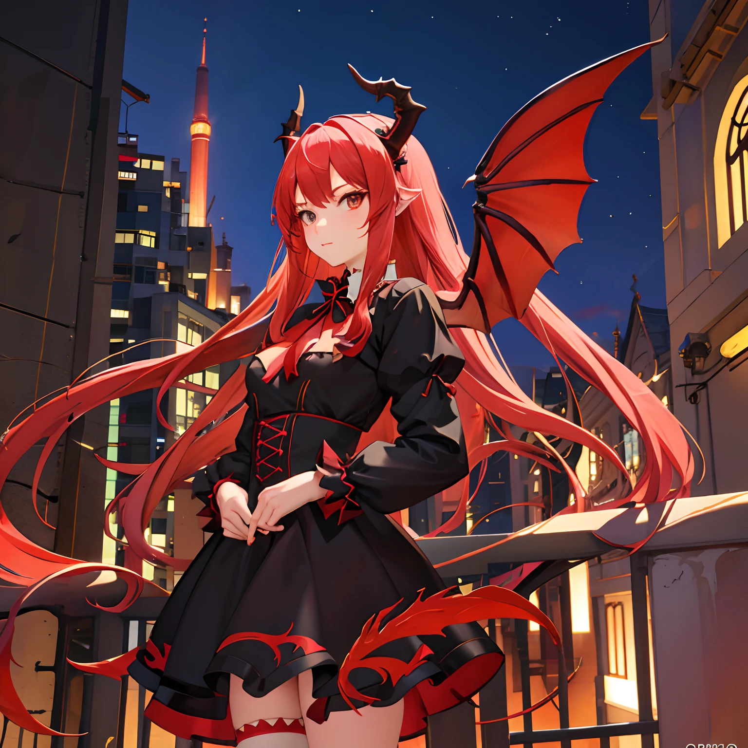 Red dragon horn,Anime Dragon Girl,Wearing lolita,Standing on Balcony,There are dragon wings,frontage