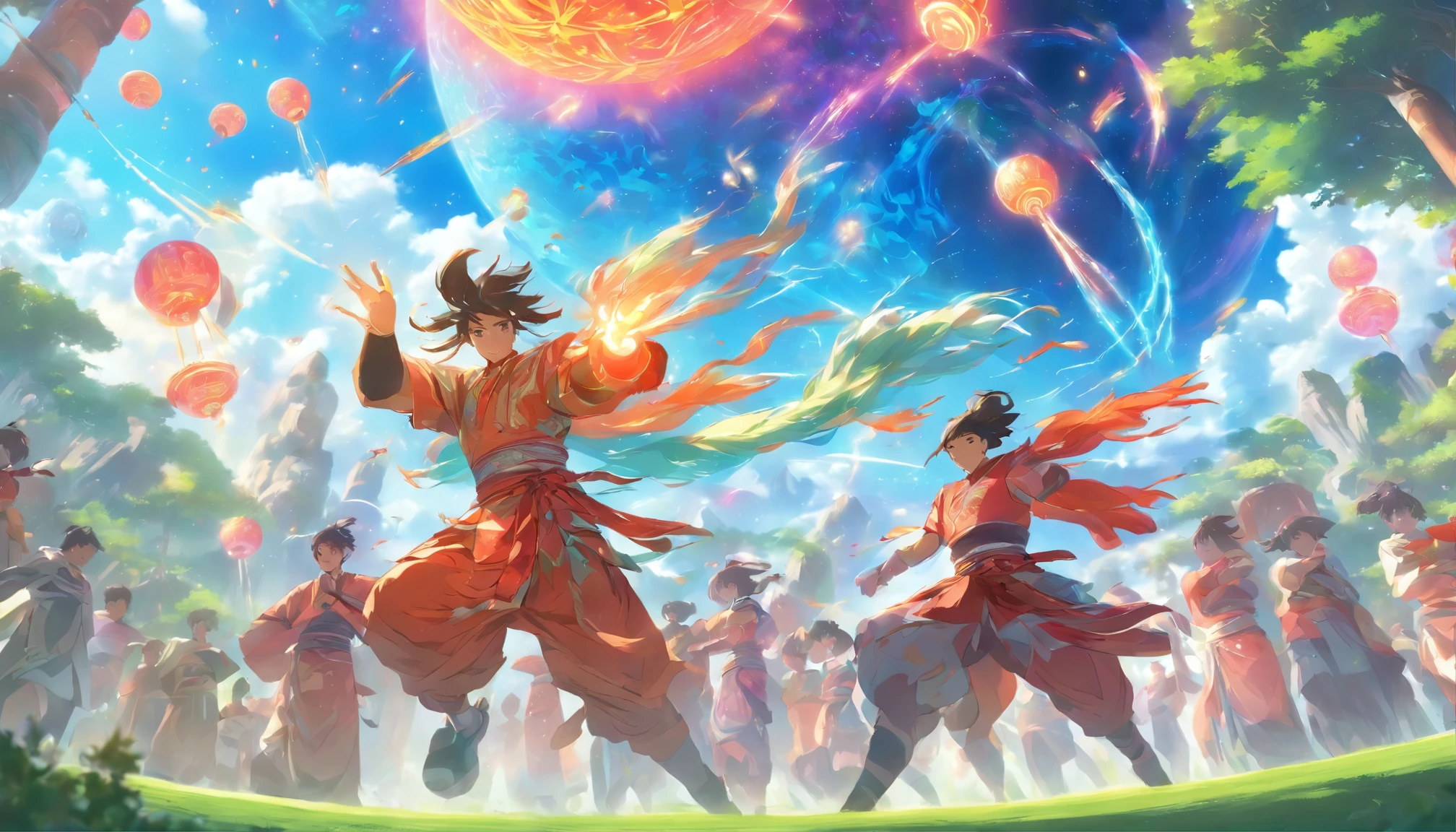 The scene takes place in a lush, vibrant landscape, where the combination of ancient and futuristic elements creates a unique, harmonious atmosphere. The colors used are rich and vivid, allowing the viewer to fully immerse themselves in this fascinating world. In the foreground, a group of skilled, diverse athletes from various time periods come together to engage in a thrilling game of cuju, an ancient Chinese soccer-like sport. They're dressed in a combination of traditional ancient Chinese clothing and futuristic sports gear, showcasing the best of both worlds. The game takes place on a high-tech, green, sustainable field with floating energy recharge platforms, interactive scoreboards, and advanced training equipment providing players with real-time feedback. The spectators are a blend of ancient and futuristic individuals, cheering the players on and celebrating the fusion of different eras. The final touch is a sky filled with celestial bodies, both familiar and fantastical, embodying the dreamlike quality of this ancient-future realm.