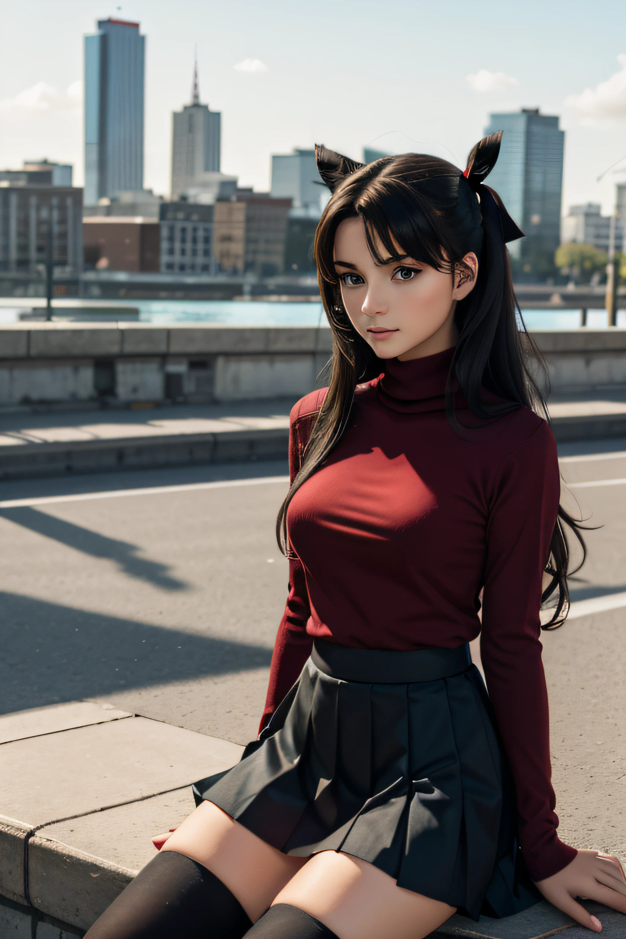 (masterpiece), best quality, expressive eyes, perfect face, 1girl, solo, rintohsaka, rin tohsaka, aqua eyes, black hair, hair ribbon, long hair, ribbon, sidelocks, two side up, black skirt, black thighhighs, long sleeves, miniskirt, pleated skirt, ((red sweater)), skirt, sweater, thighhighs, turtleneck, city background, sitting, character sheet, upper body, portrait, looking at viewer