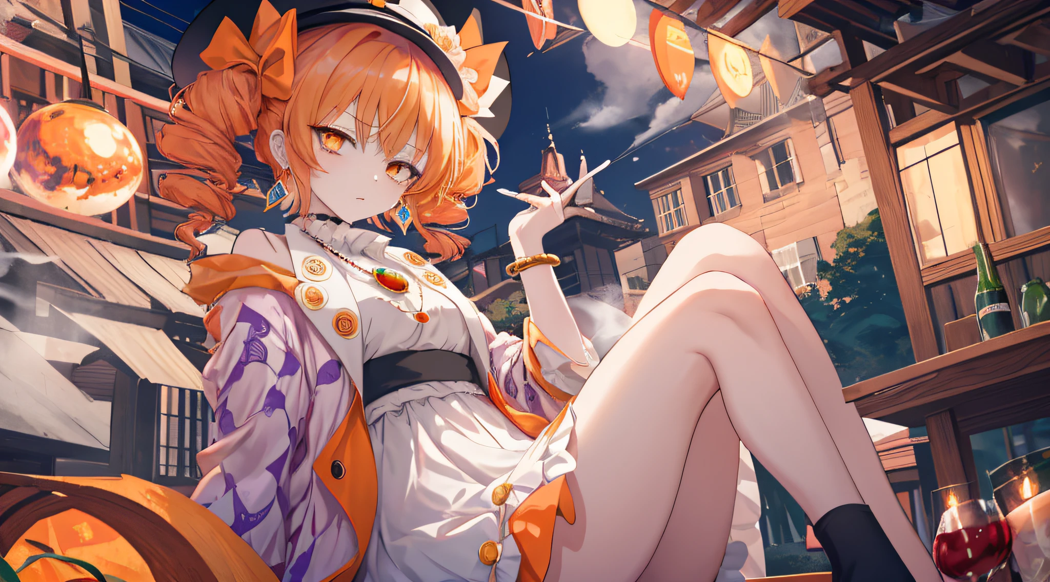 1girl, solo, yorigami jo'on, orange hair, drill hair, eyewear on head, orange eyes, jewelry, white dress, purple jacket, pendant, earrings, black hat, looking at viewer, outdoors, upscale restaurant, crowd, sitting, side drill, sigh, disgust, tired, makeup, rococo style, Monet,smoking