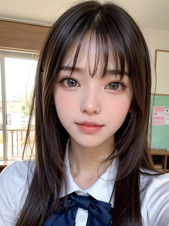 bright expression、photorealisim、top-quality、超A high resolution、a picture、Photos of the most beautiful Nordic girls、Detailed cute and beautiful face、a small face、(pureerosface_v1:0.008)、Beautiful bangs、alice in the wonderland、18year old、Glowing white shiny skin、Hair tangled in the face、Bangs that extend to the face、bangss、Hair between the eyes、Super long hair、Attractive brown silky hair、finer hair、Beautiful bright and clear light blue eyes with a charming sparkle、School Uniforms、student clothes、eye liner、Double eyelids、ample breasts、Dynamic Pose