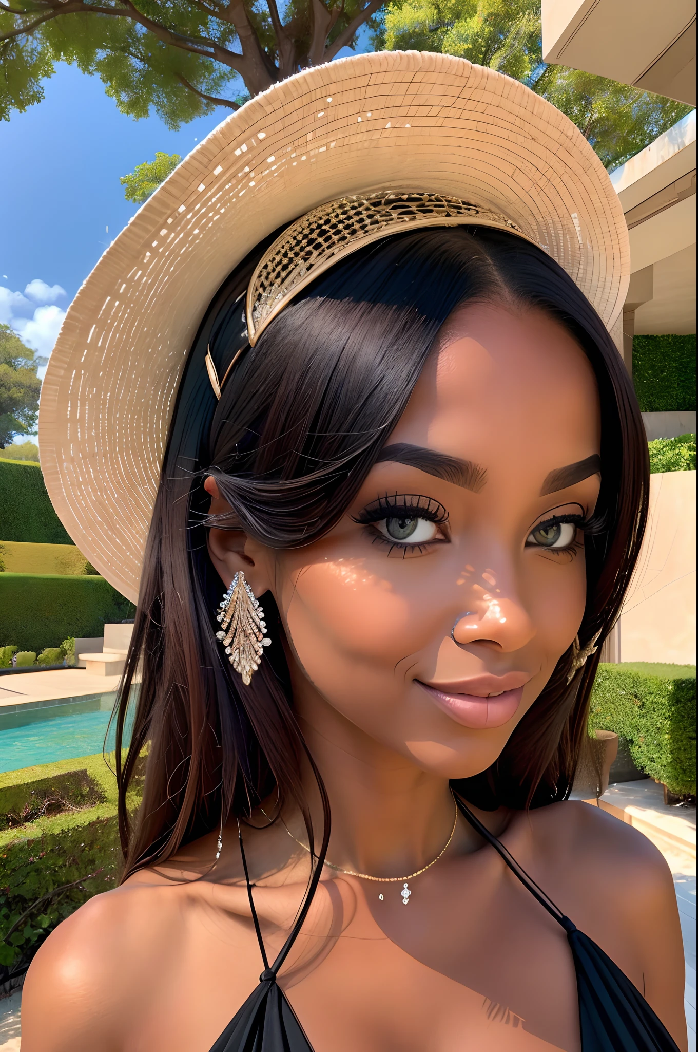 "Generate a close-up image of a woman with smooth ebony skin, exalando brilho natural. Her almond-shaped eyes are a rich shade of brown, refletindo calor e profundidade. Zoom em seu longo, reto, cabelos obsidianos, showcasing your natural brilliance and elegance. She is dressed in an elegant all-black ensemble, consistindo em um vestido preto na altura do joelho que acentua sua figura graciosa. The dress features subtle metallic details that sparkle in the light. The setting is a lush lakeside garden, banhado pelo brilho suave do luar. The luminosity of the night enhances your beauty with an enchanting touch, capturing her as the embodiment of grace and allure. Crie uma imagem que destaque cada faceta dessa mulher, with special attention to your captivating eyes, Flawless complexion, e os detalhes intrincados de seu traje elegante. Make sure she strikes a balanced and graceful pose, Radiating confidence and fascination.