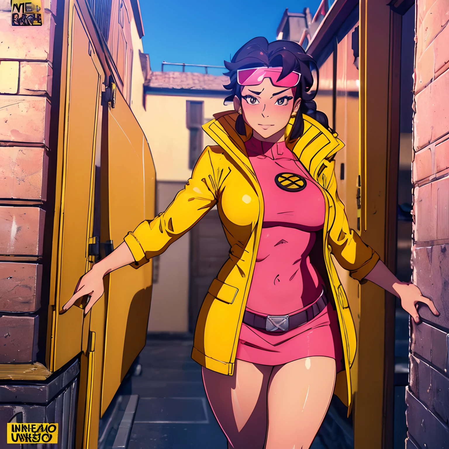 Jubilee , sexy hot , wide picture, yellow coat, full body potrait single braid, medium breasts, blush, (((Obra maestra))), (((La mejor calidad))), ((Ultra detallado)), (Highly detailed CG illustration), ((un extremadamente delicado y hermoso)), cinematiclight,((1chica)), solamente, (Parte trasera del cuerpo), (Enfoque del personaje), absurdos, alto contraste, Extremadamente detallado, De color, highest detailed, Science-Fiction, cuerpo delgado, , postura sexy, se coge el cabello, gafas rosas, add detail