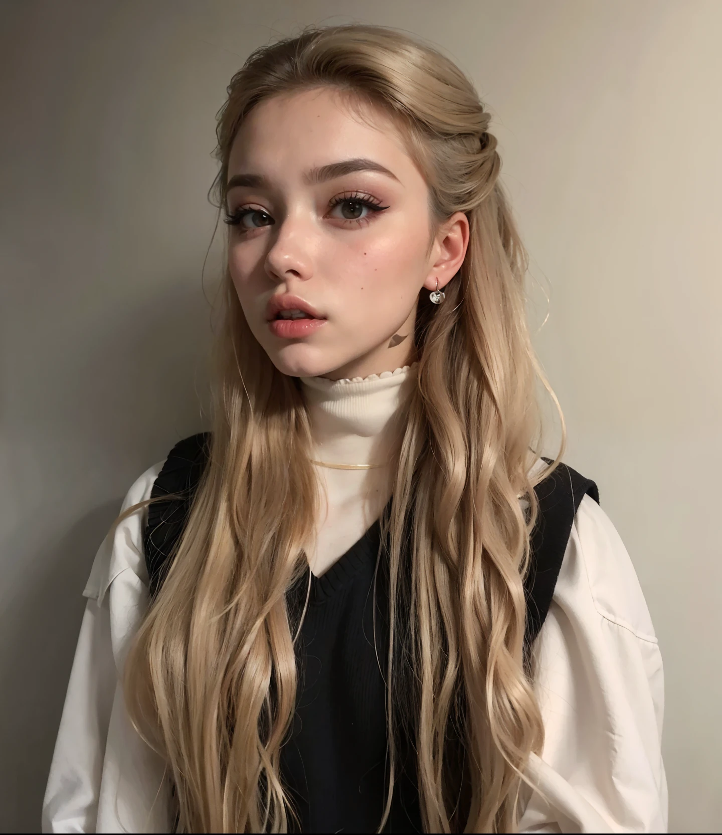 um close up de uma mulher com longos cabelos loiros usando um colete preto, Anna Nikonova aka Newmilky, uma menina com cabelo loiro, cabelo loiro com rabo de porco, Yelena Belova, Ela parece uma mistura de Grimes, 🤤 retrato da menina, Estilo de Julia Razumova, infp mulher jovem, Retrato de Kim Petras