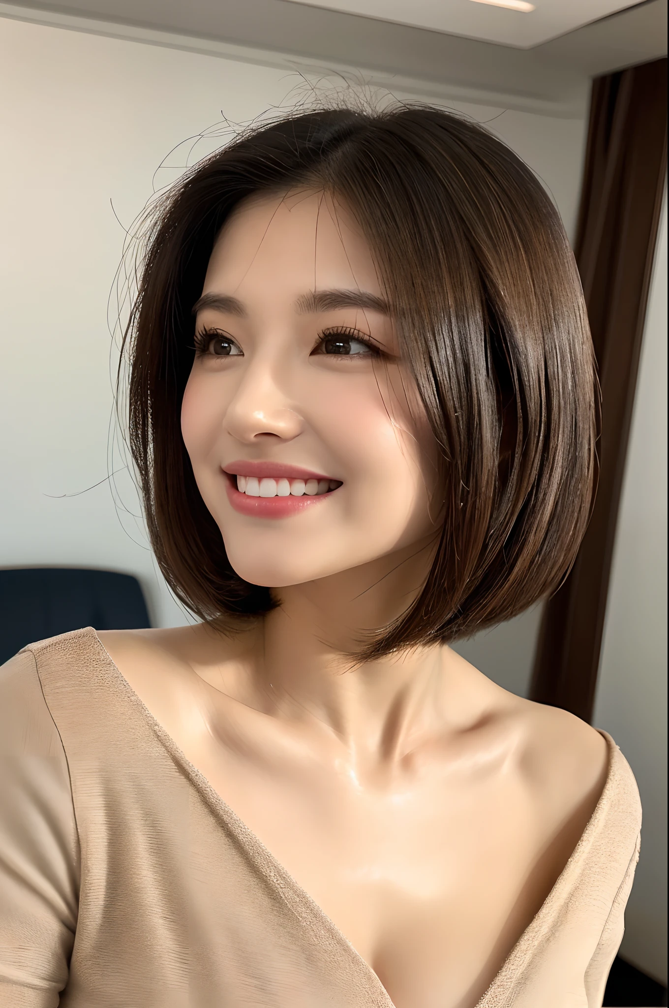 8K、ultra-high-resolution、Top image quality、masutepiece:1.2、RAW portrait of a mature female president of Japan、超A high resolution、top-quality、 (爆乳、:1.4)、(Beige miniskirt):1.6}、(Wear a business shirt with a big chest:1.5)、(Inseam opening:1.5)、(s Office:1.2) BREAK(natural skin textures、Detailed skin、Hyper-Realism、ultra sharpness)、intricate detailes、depth of fields、Sexy adult woman、Black hair shortcuts、toned buttocks、((masterpiece、top-quality、High Detail))、(photoRealstic:1.4)、独奏、Close your mouth、smiling with pleasure、big eye、pronounced double eyelids、Lashes、the neck is long、Absolute area、Clean clavicle、The face is perfect、thin lipss、a small face、(Seduce the viewer、Highlights in the eyes、bright brown eyes、lipgloss)、enticing,sexy pose,a smile,Wide open chest,A sexy,Wearing black lace underwear,eye glass,