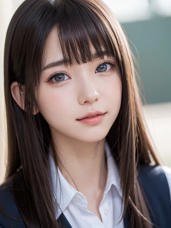 bright expression、photorealisim、top-quality、超A high resolution、a picture、Photos of the most beautiful Nordic girls、Detailed cute and beautiful face、a small face、(pureerosface_v1:0.008)、Beautiful bangs、alice in the wonderland、18year old、Glowing white shiny skin、Hair tangled in the face、Bangs that extend to the face、bangss、Hair between the eyes、Super long hair、Attractive brown silky hair、finer hair、Beautiful bright and clear light blue eyes with a charming sparkle、School Uniforms、student clothes、eye liner、Double eyelids、ample breasts、Dynamic Pose