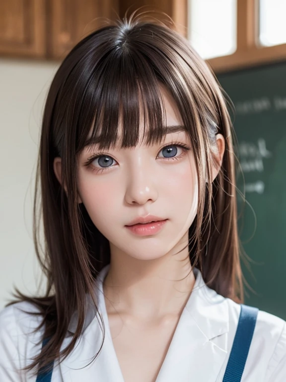 bright expression、photorealisim、top-quality、超A high resolution、a picture、Photos of the most beautiful Nordic girls、Detailed cute and beautiful face、a small face、(pureerosface_v1:0.008)、Beautiful bangs、alice in the wonderland、18year old、Glowing white shiny skin、Hair tangled in the face、Bangs that extend to the face、bangss、Hair between the eyes、Super long hair、Attractive brown silky hair、finer hair、Beautiful bright and clear light blue eyes with a charming sparkle、School Uniforms、student clothes、eye liner、Double eyelids、ample breasts、Dynamic Pose