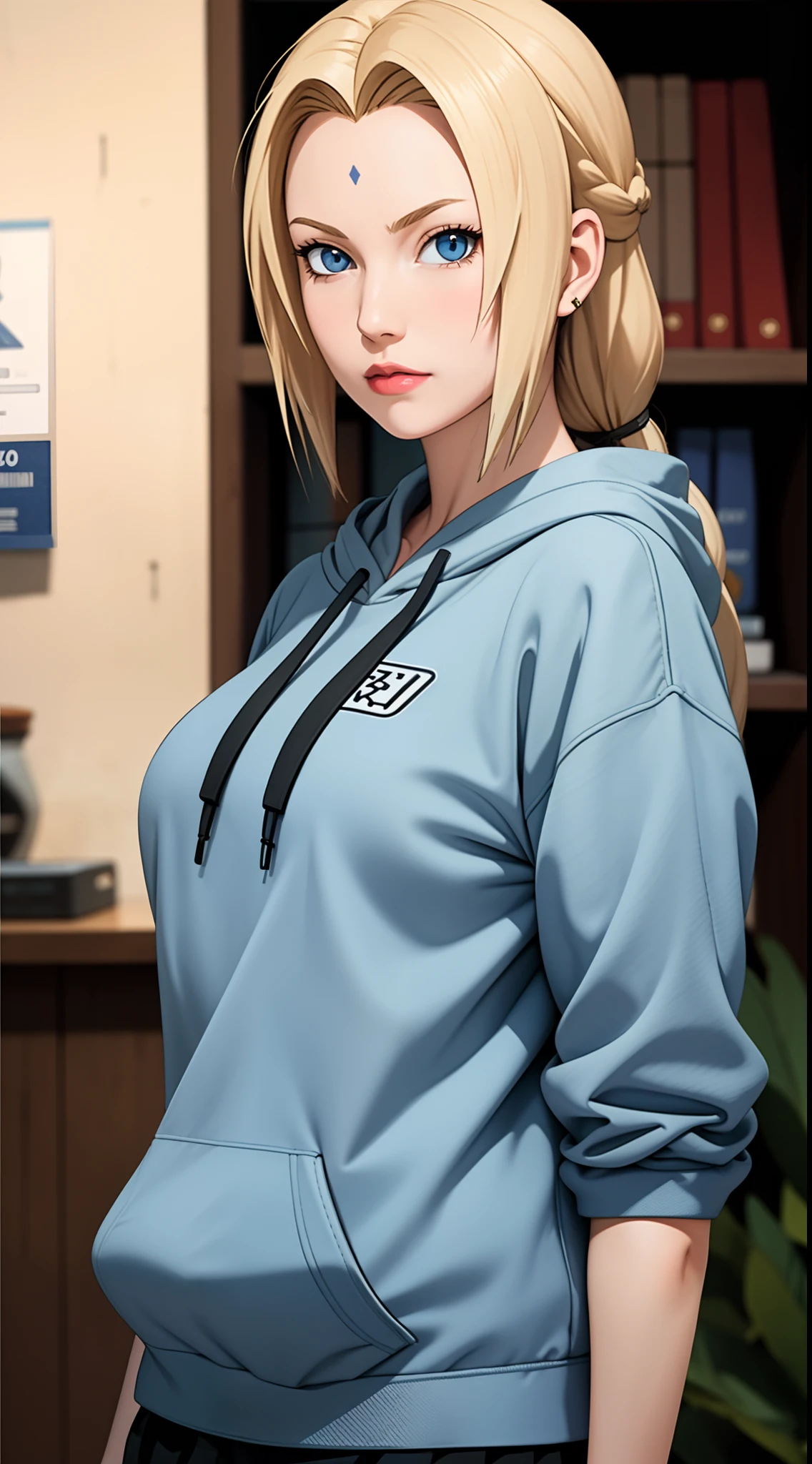 masterpiece, best quality, ultra-detailed, 1girl, upper body,
long hair, blonde hair, french braid, blue eyes, blunt bangs,
Wearing Streetwear Hoodie, stylish,
medium breast, cool attitude
looking at viewer, Tsunade \(shippuden\)