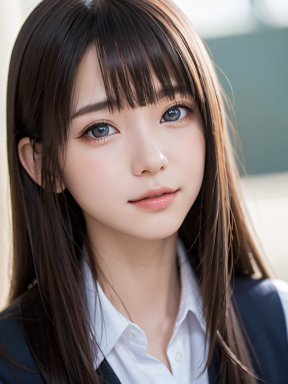 bright expression、photorealisim、top-quality、超A high resolution、a picture、Photos of the most beautiful Nordic girls、Detailed cute and beautiful face、a small face、(pureerosface_v1:0.008)、Beautiful bangs、alice in the wonderland、18year old、Glowing white shiny skin、Hair tangled in the face、Bangs that extend to the face、bangss、Hair between the eyes、Super long hair、Attractive brown silky hair、finer hair、Beautiful bright and clear light blue eyes with a charming sparkle、School Uniforms、student clothes、eye liner、Double eyelids、ample breasts、Dynamic Pose