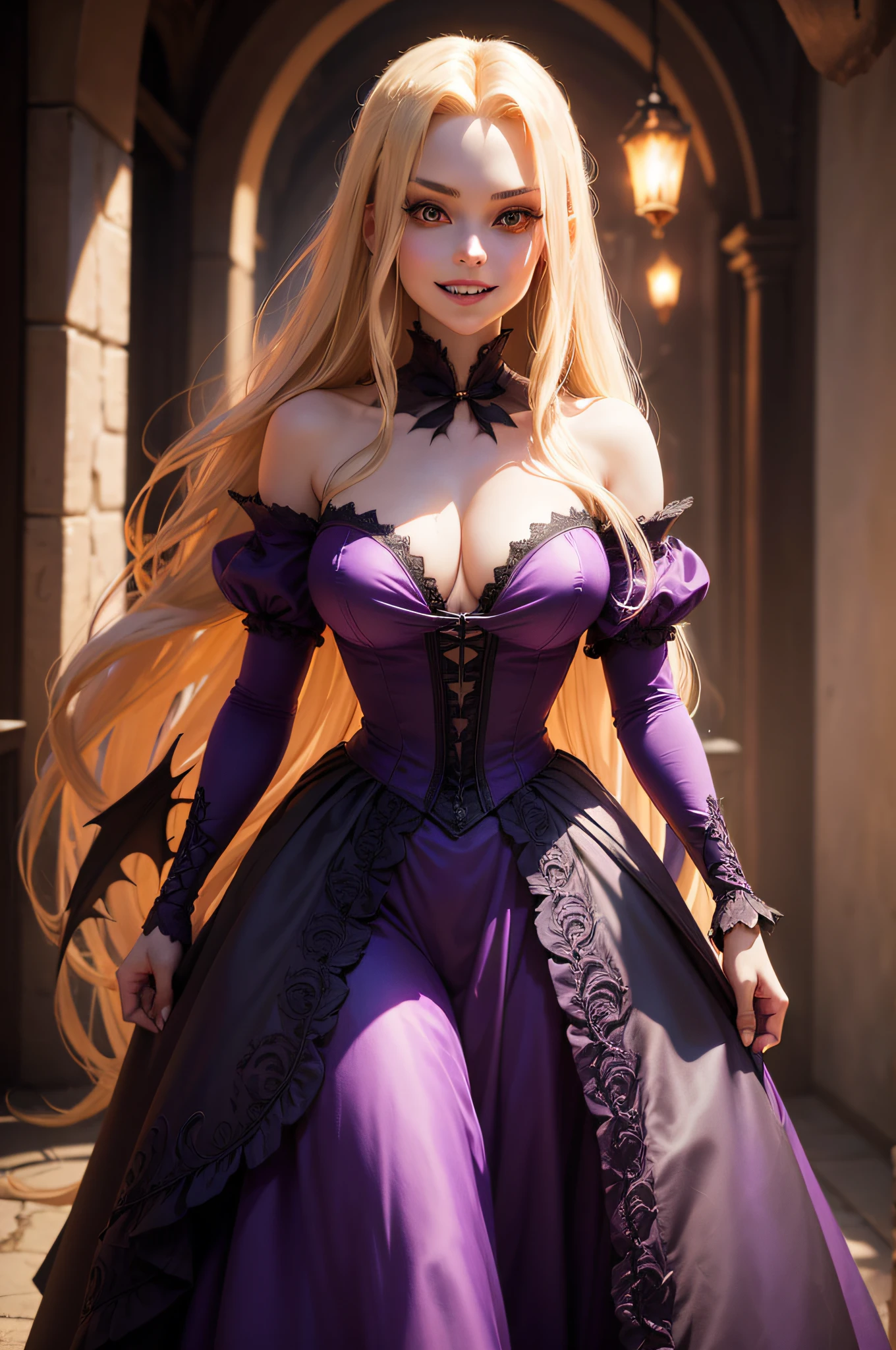 A vampire Rapunzel (very evil looks) of Tangled (very evil looks), Rapunzel the Disney princess from Tangled animated movie 2010, creepy and beautiful vampire Rapunzel, big chest, bloody teeth of a vampire, beautiful looks, and pale skin of a vampire, evil, and beauty looks at the same time, mixed of evil and beautiful vampire eyes, blond very long hair of Rapunzel, very long hair, evil smile for evil vampire Rapunzel, perfect body shape, Rapunzel dressed same purple dress from Tangled Disney animation movie, the dress inspired from the Tangled animated movie 2010, the dress purple (not black ), evil smile with vampire fangs show from inside her mouth , (smirks:1.2), (( fire and dark and creepy background )), cinematic, insane details, "the vampire tiger in the background", intricate details, hyperdetailed, neon colors ((hdr)), ((vignette)), one shot in photo