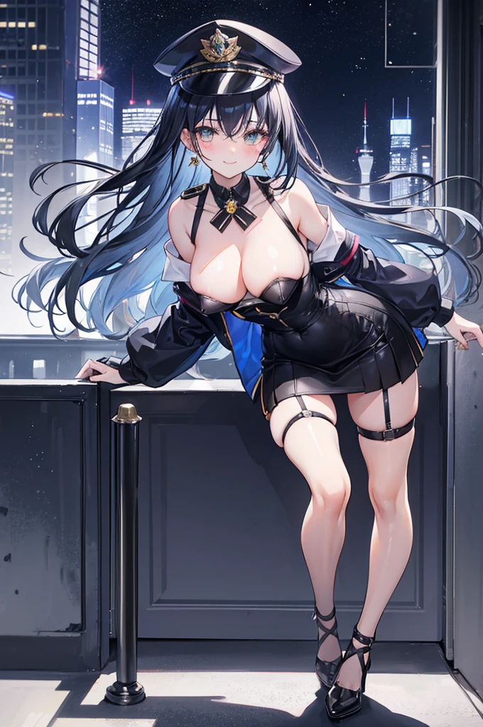 1 girl, dark blue hair, messy hair, long hair, light yellow eyes, small eyes, mature face, dropping eyes, big breasts, cameltoe, blurry background, erect nipples, blush, smile, earrings, ((pubic hair)), skirt lift, light smile, black high heel, tall statue, night, see-through, no panties, light makeup, full body, very short pleated miniskirt, pencil skirt, police uniform, garter belt, skyscrapers, taxi, police officer cap, fishnet tights, gloves, ((pussy juice)), city lights, light particles