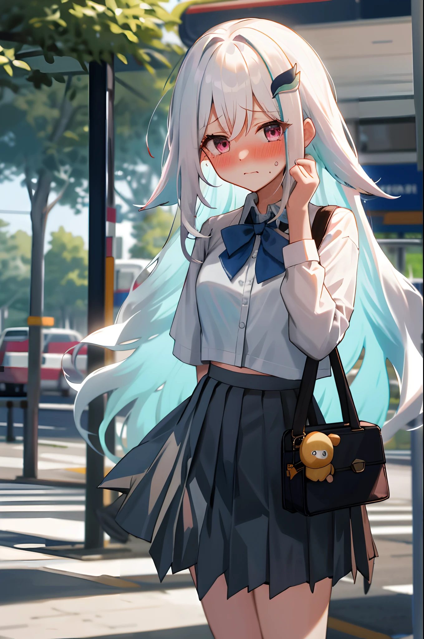 One girl with long wavy hair, white hair, looking at viewer, embarrassed, blushing, tears, outdoor , road, bus stop, busway, white shirts, bow tie, pleated skirt , black skirt, mini skirt, midriff, thigh, perfect waist, bag, noon atmosphere, hair ornament, standing, (embarrassed:1.0)