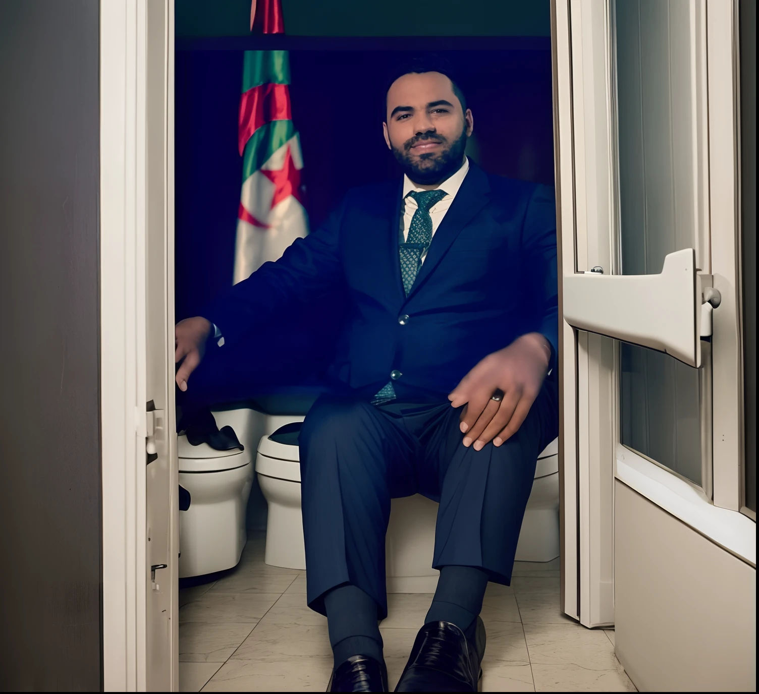 arafed man in a suit and tie Without pants sitting in a toilet