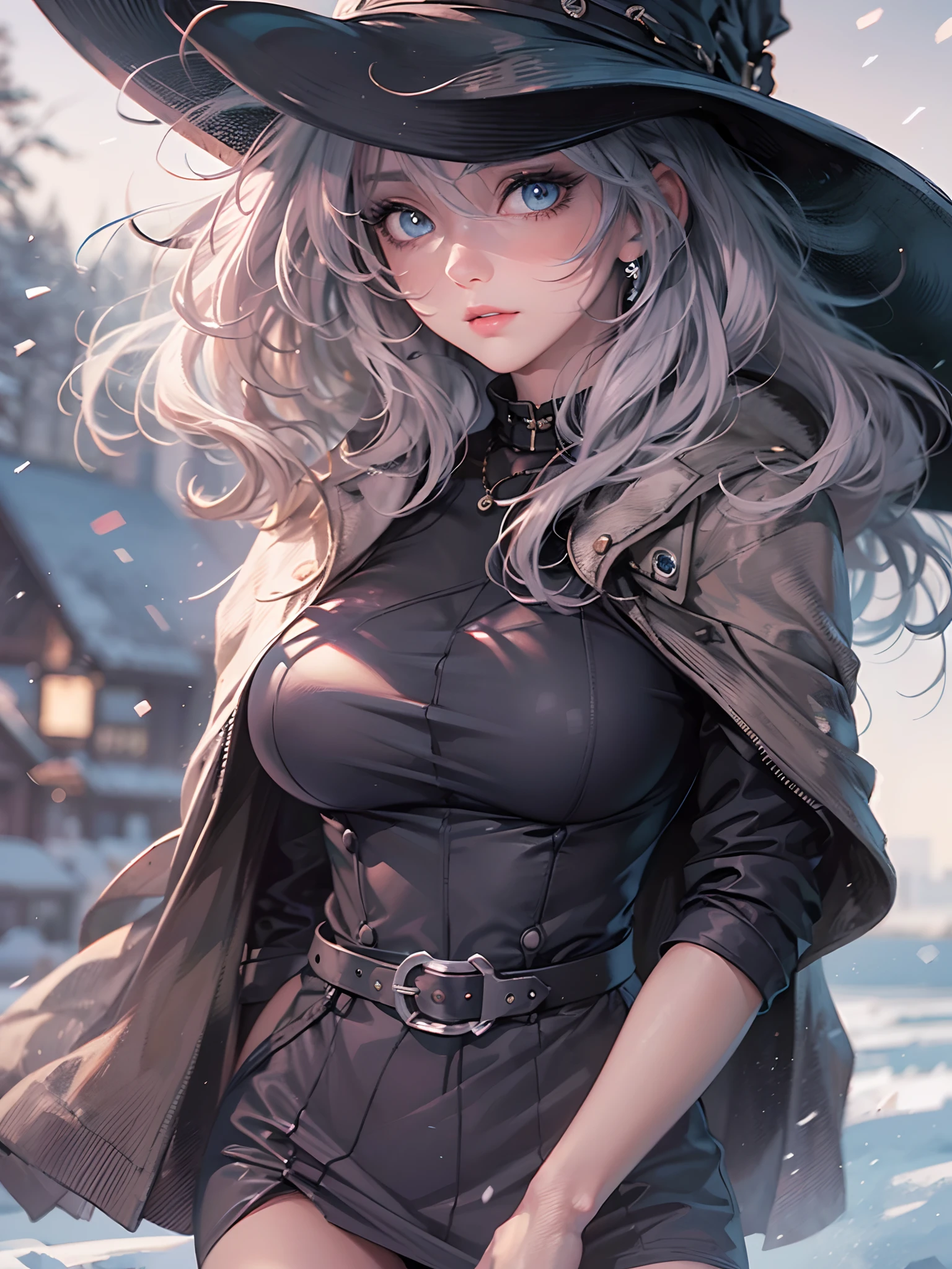 A perfect ((realistic anime illustration)) oorgeous and sexy)) 27 year old witch standing outside in the snow, mini skirt, crop top, cinematic style, 8k, ((cleavage)), ((perfect eyes, clear eyes, double eyelids))