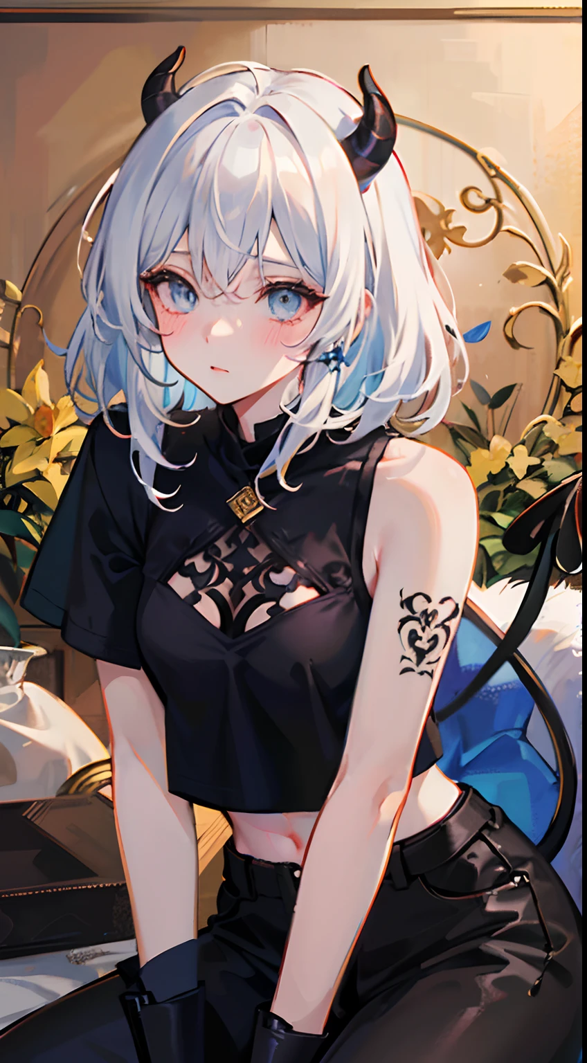 Adult girl, masterpiece, high quality, white hair, medium hair size, messy hair, light blue eyes, almond eyes, black short vest, tattoos on right arm, ripped black shorty, demon tail, blush, shaman, basic artist, fancy background, strings, cool, edgy, beautiful and aesthetic, gorgeous, perfect, illustration, golden hour, blue roses