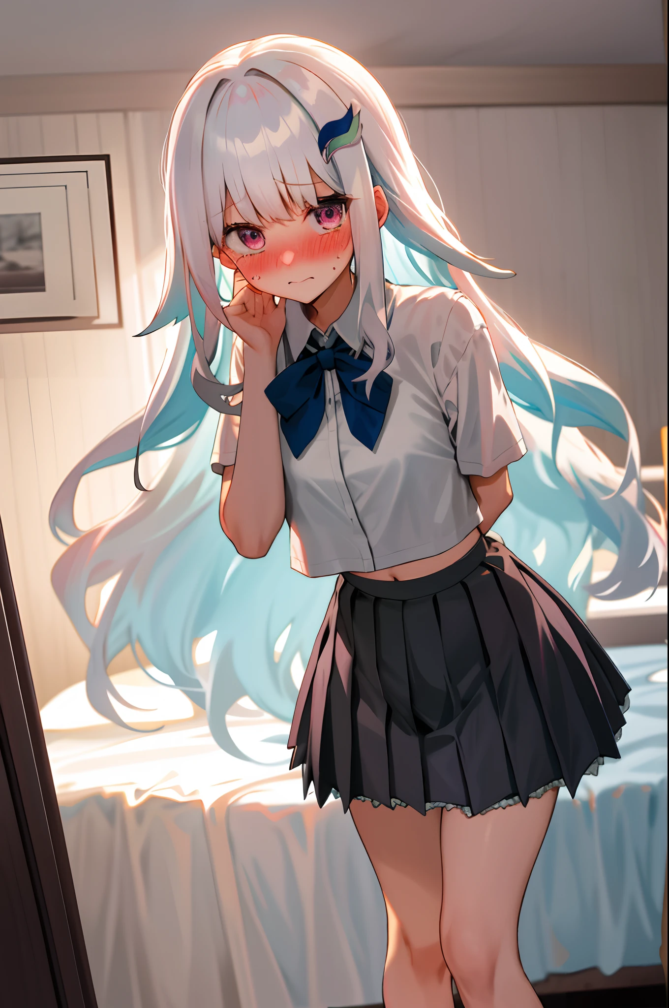 One girl with long wavy hair, white hair, looking at viewer, embarrassed, blushing, tears, indoor , bedroom, girls bedroom, white shirts, bow tie, pleated skirt , black skirt, mini skirt, midriff, thigh, perfect waist, noon atmosphere, hair ornament, standing, (embarrassed:1.0)