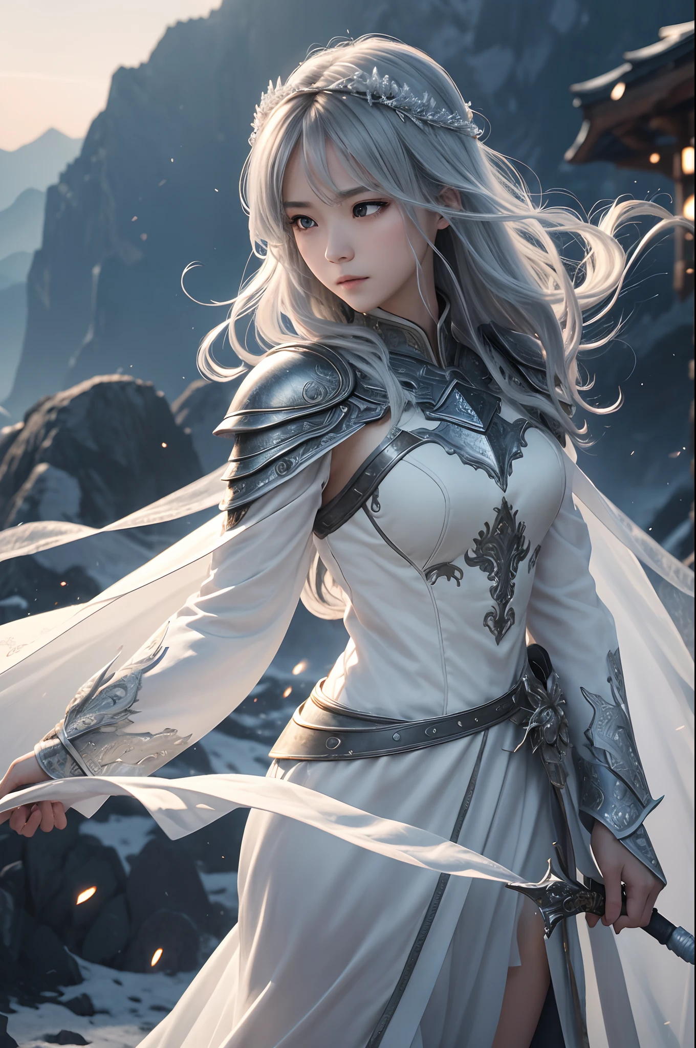 8K、ultra-detailliert、masterpiece、top-quality、(ighly detailed)、dynamic ungle、mysterious look、Wind-effect、Fantasy Background、Rim Lighting、ciinematic light、超A high resolution、8K UHD、film grains、Best Shadows、delicate、RAW、Particles of light、detailed skin textures、detailed armor texture、A detailed face、intricate-detail、ultra-detailliert、发光、strong con、Silver armor、(Holding weapons)、Slashing、Slashing Action、scapular、radiant eyes、 long cloak、Fantasia、(逼真)、armor on the shoulders、Convoluted、Convoluted、Perfect litthing、looking at the viewers、电影灯光、flying though the air、flight、Holy Light、Brilliant、bangss、Windy、Frozen mountains々、Long white wavy hair、Rich Queen