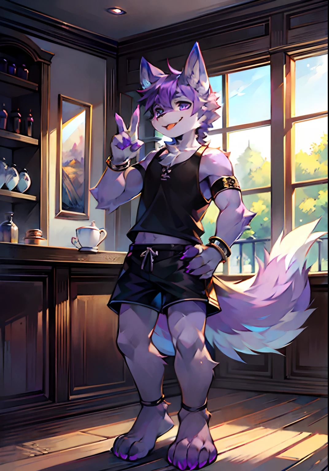 High Picture Quality,coffeehouse,potted,mid day,blue-sky,Single player,Wolf animal human form,musculature,No spot,male figure,Full body standing painting,short detailed hair,light purple fur,Deep blue wolf ears,Hairy wolf tail,Deep gray tail root,White tail tip,Dark purple arm,lavender paws,Hands in peace sign with just two finger up,The limbs are wolf paws,4 purple fingers,4 purple toes,Look to the left,Happy expression with tongue hanging out slightly,Black clothes,Black shorts,A silver bracelet,stand posture。