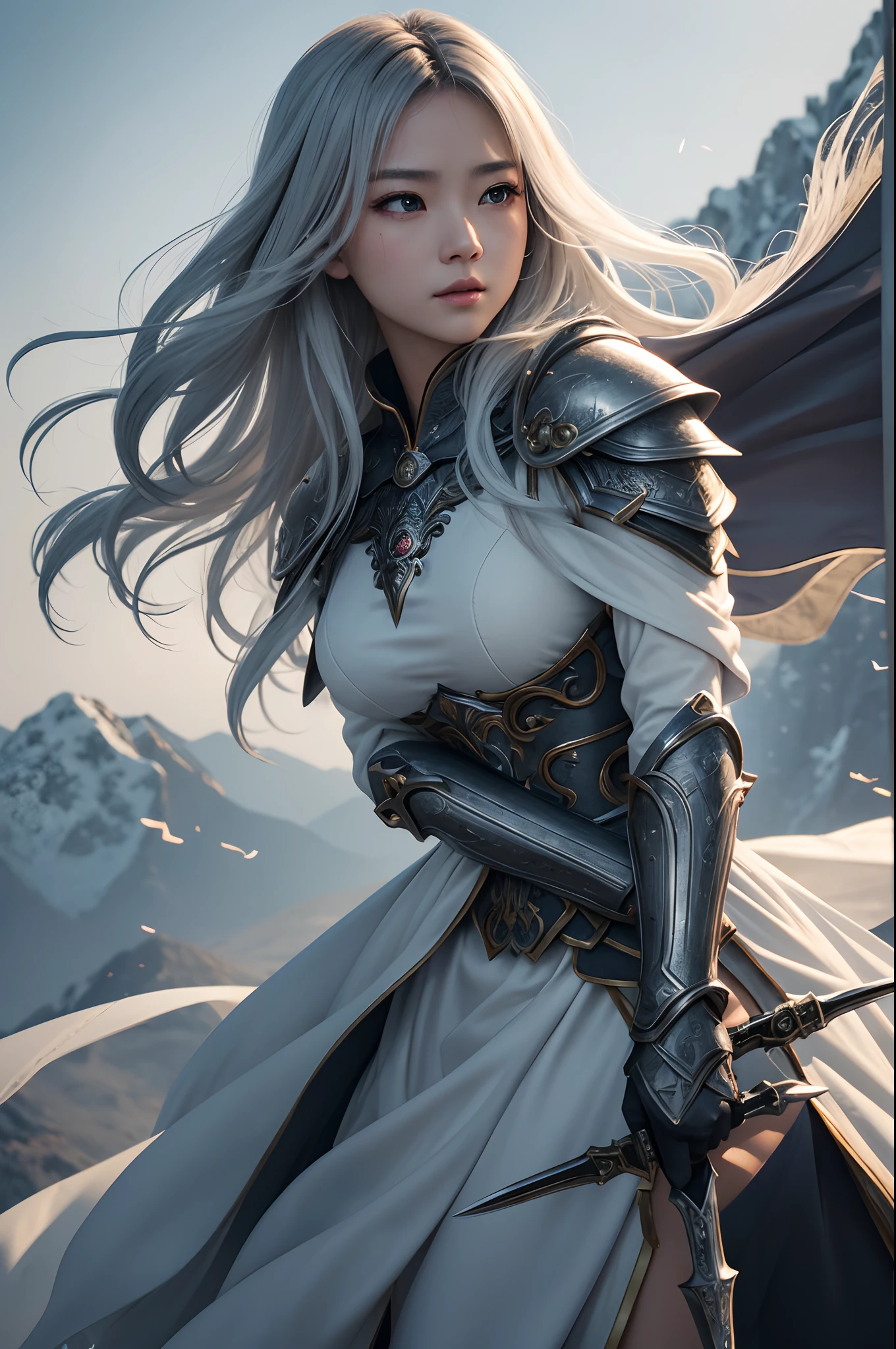 8K、ultra-detailliert、masterpiece、top-quality、(ighly detailed)、dynamic ungle、mysterious look、Wind-effect、Fantasy Background、Rim Lighting、ciinematic light、超A high resolution、8K UHD、film grains、Best Shadows、delicate、RAW、Particles of light、detailed skin textures、detailed armor texture、A detailed face、intricate-detail、ultra-detailliert、发光、strong con、Silver armor、(Holding weapons)、Slashing、Slashing Action、scapular、radiant eyes、 long cloak、Fantasia、(逼真)、armor on the shoulders、Convoluted、Convoluted、Perfect litthing、looking at the viewers、电影灯光、flying though the air、flight、Holy Light、Brilliant、bangss、Windy、Frozen mountains々、Long white wavy hair、Rich Queen