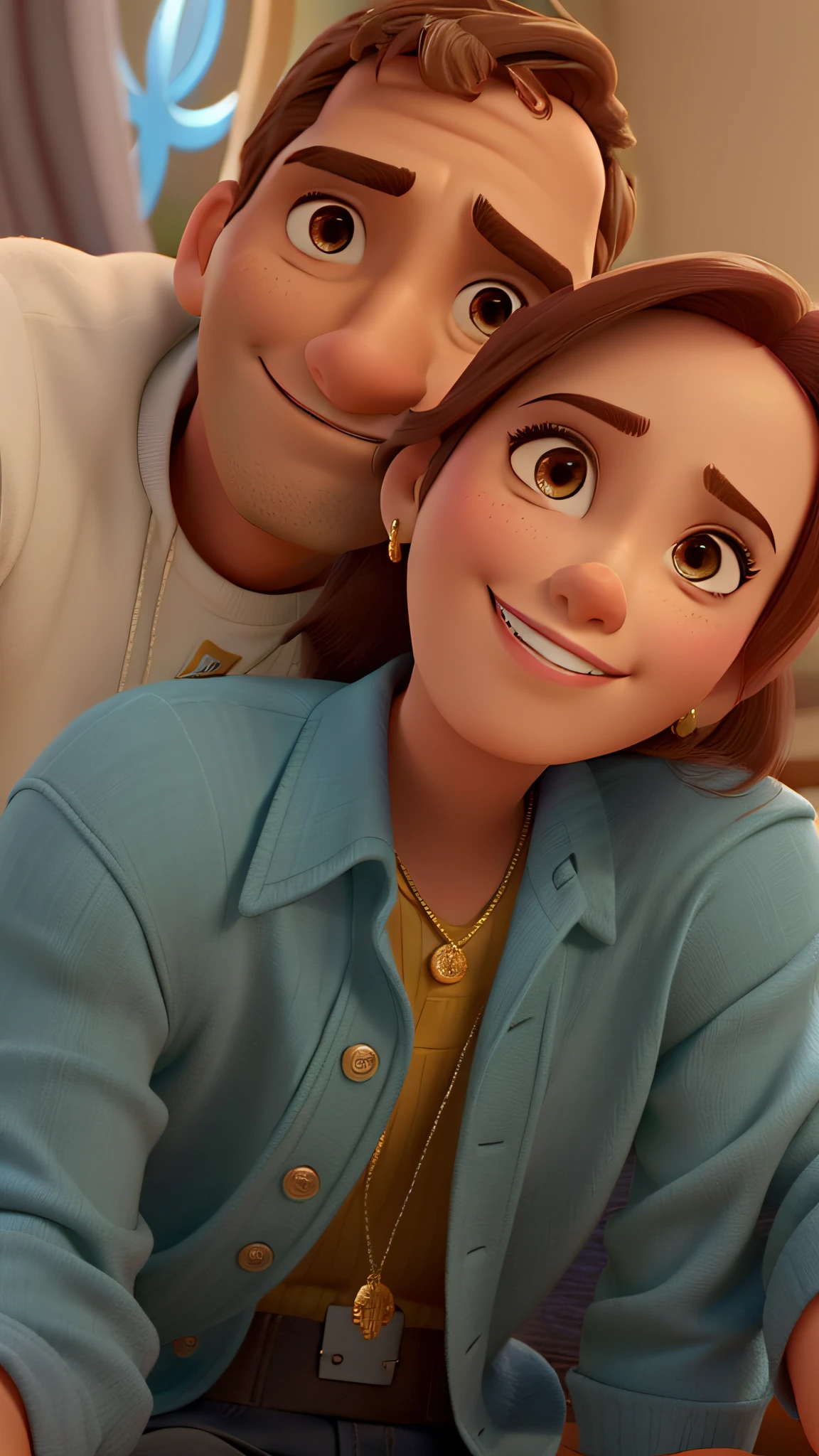 Casal (homem branco e mulher morena) no estilo Disney Pixar, alta qualidade, melhor qualidade.