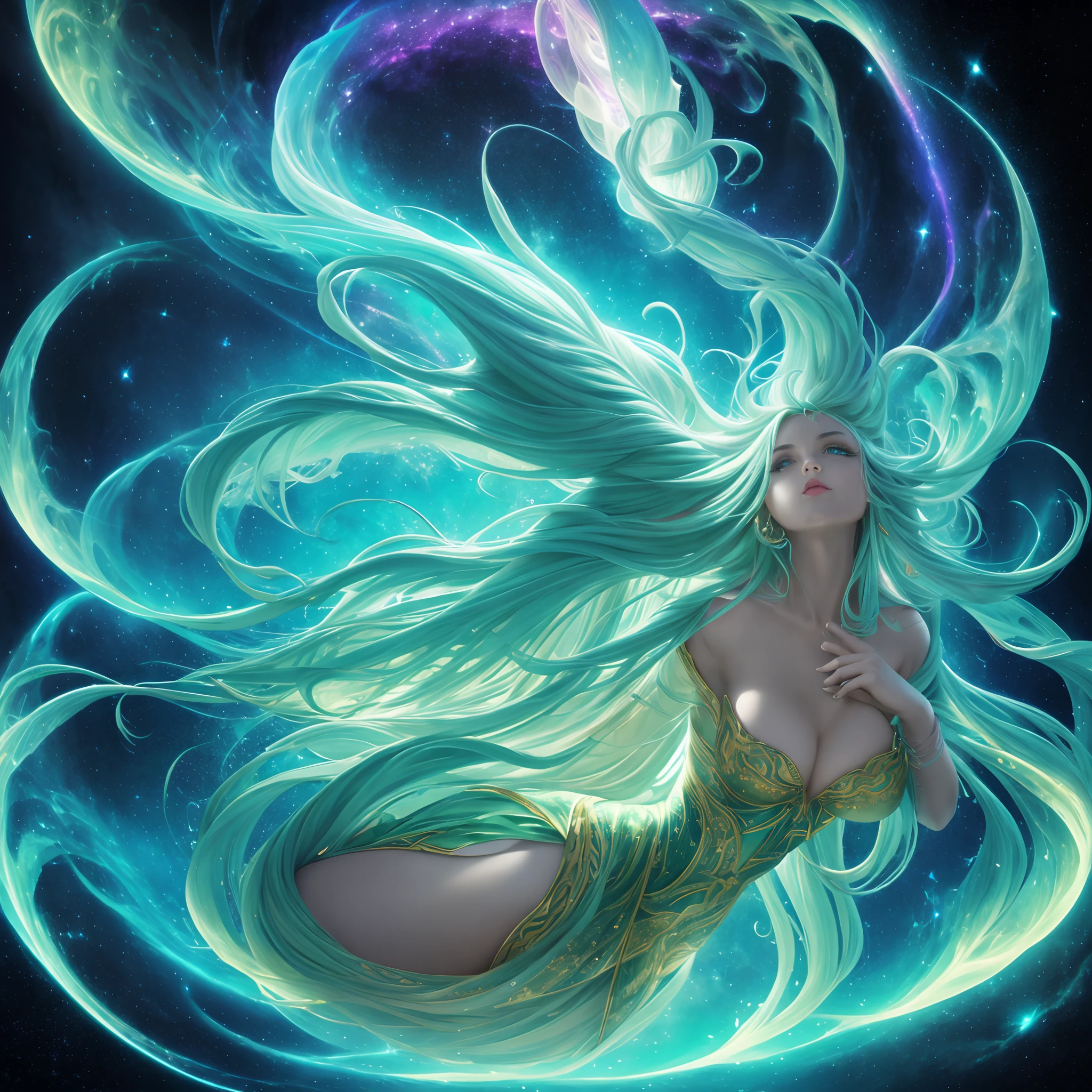 Envision an expansive astral plane, aglow with the soft luminescence of starry greens and yellows, endlessly soaring upward. Central to this celestial scape is a woman of grandeur, with a luminous white body, exuding a sense of profound power and allure. Beautiful face, Beautiful eyes, features prominent glowing attributes, as if gently interfacing with the astral fabric. The lower half of its form transitions into a dark, vaporous essence that drifts behind like a comet's tail, fusing with the astral hues. The portrait is designed to capture the magnificent presence of a being in complete harmony with the cosmos, an incarnation of the surreal and mystical.