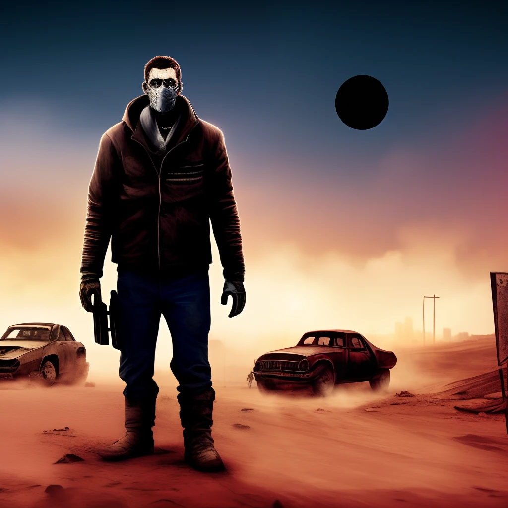 Setting a post-apocalypse city, um homem sobrevivente, a hero, com capa e trajes na cor preto, rasgado. Roupa velha! Carregando uma maleta. A tired and hopeless look. Escombros do que um dia foi uma cidade. Reddish sky and sun hidden behind damaged moon, informe. Cover of an apocalyptic mad max style movie.