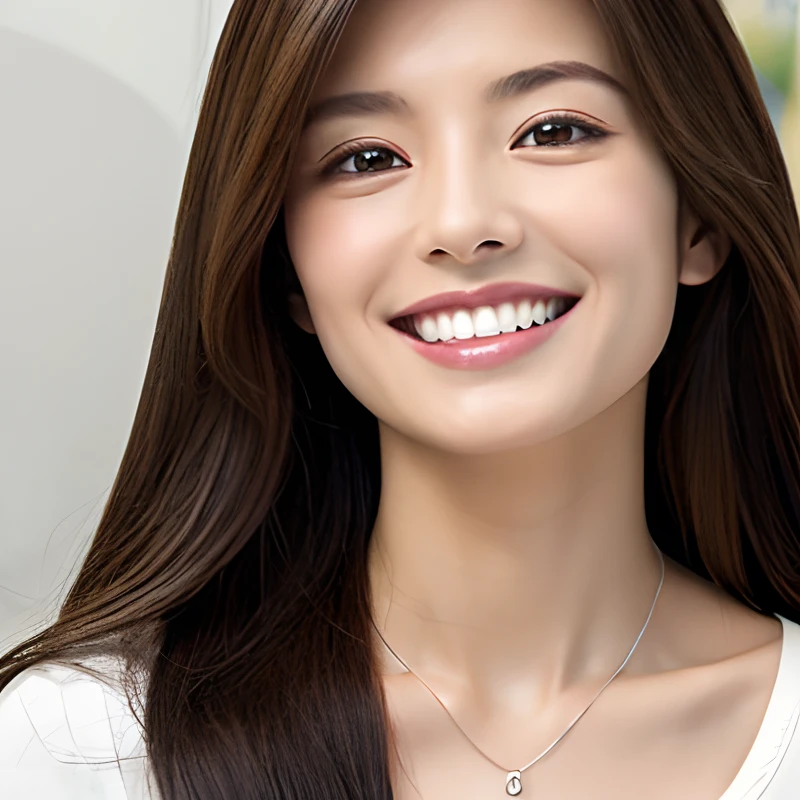 Long straight hair、It's as real as the real thing、Masterpiece、Beautiful Japan、Eyes and nose are in order.、Chiseled face、The nose is three-dimensional、Refreshing smile、White teeth、Pendants、white t-shirts、Close-up of only the mouth from the collarbone