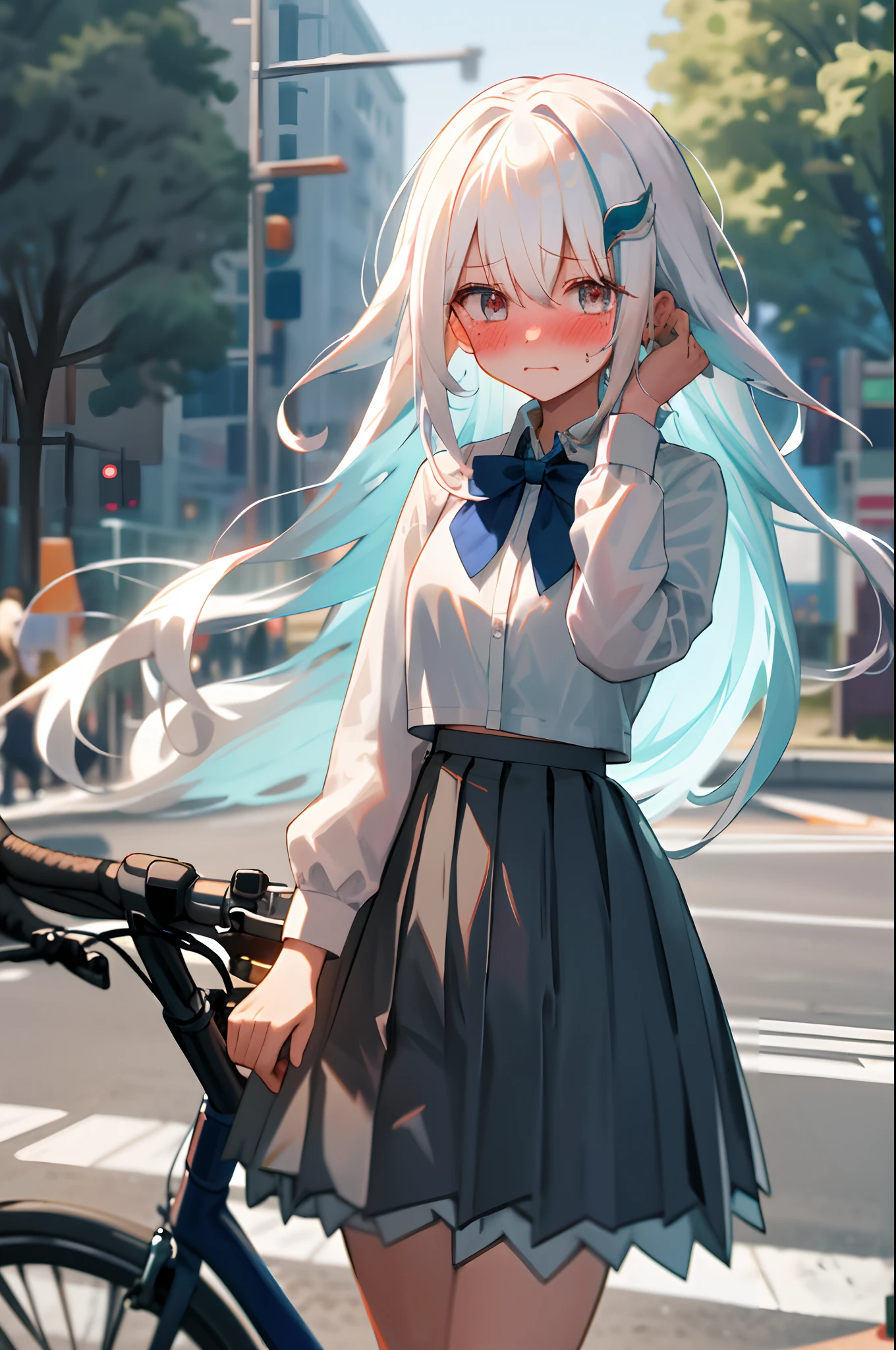 One girl with long wavy hair, white hair, looking at viewer, embarrassed, blushing, tears, outdoor , road, bicycle, pushing bicycle, white shirts, bow tie, pleated skirt , black skirt, mini skirt, midriff, thigh, perfect waist, noon atmosphere, hair ornament, standing, (embarrassed:1.0)