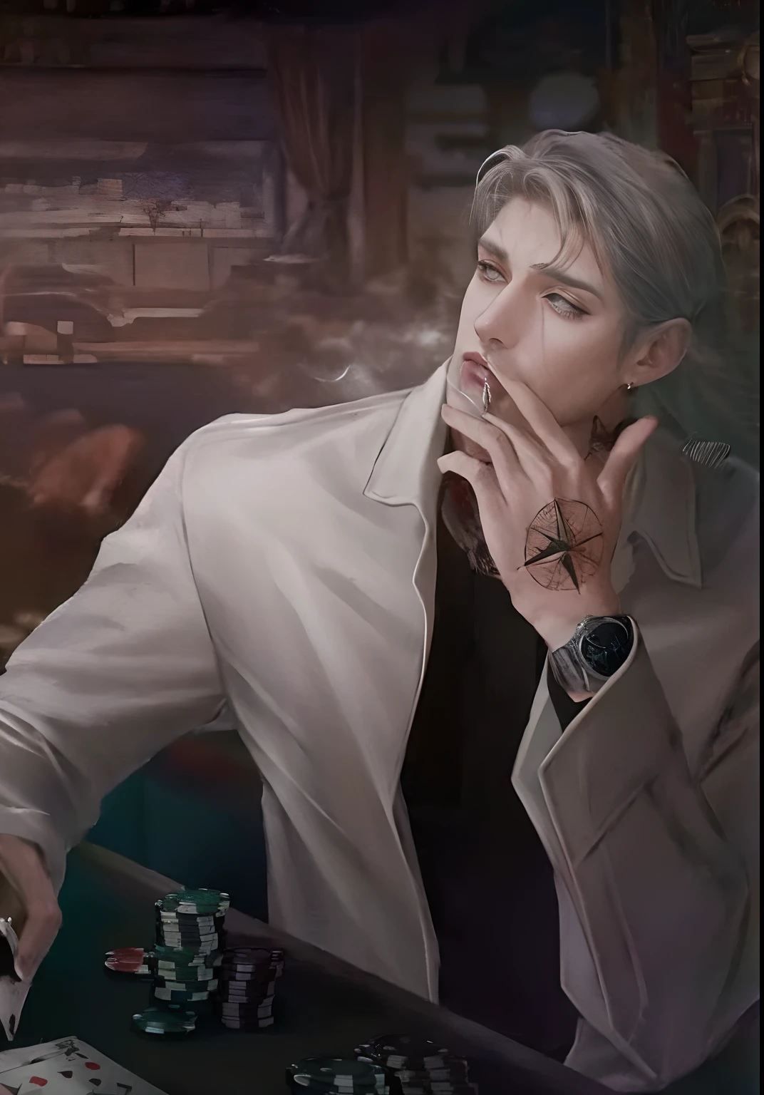 there is a man sitting at a table with a poker card, xqc, cai xukun, high quality fanart, discord pfp, handsome guy in demon slayer art, johan liebert mixed with alucard, highly detailed exquisite fanart, sakimichan frank franzzeta, sakimichan, devianart trending, trending on devianart,8k realistic anime version, highly defined,3d anime style