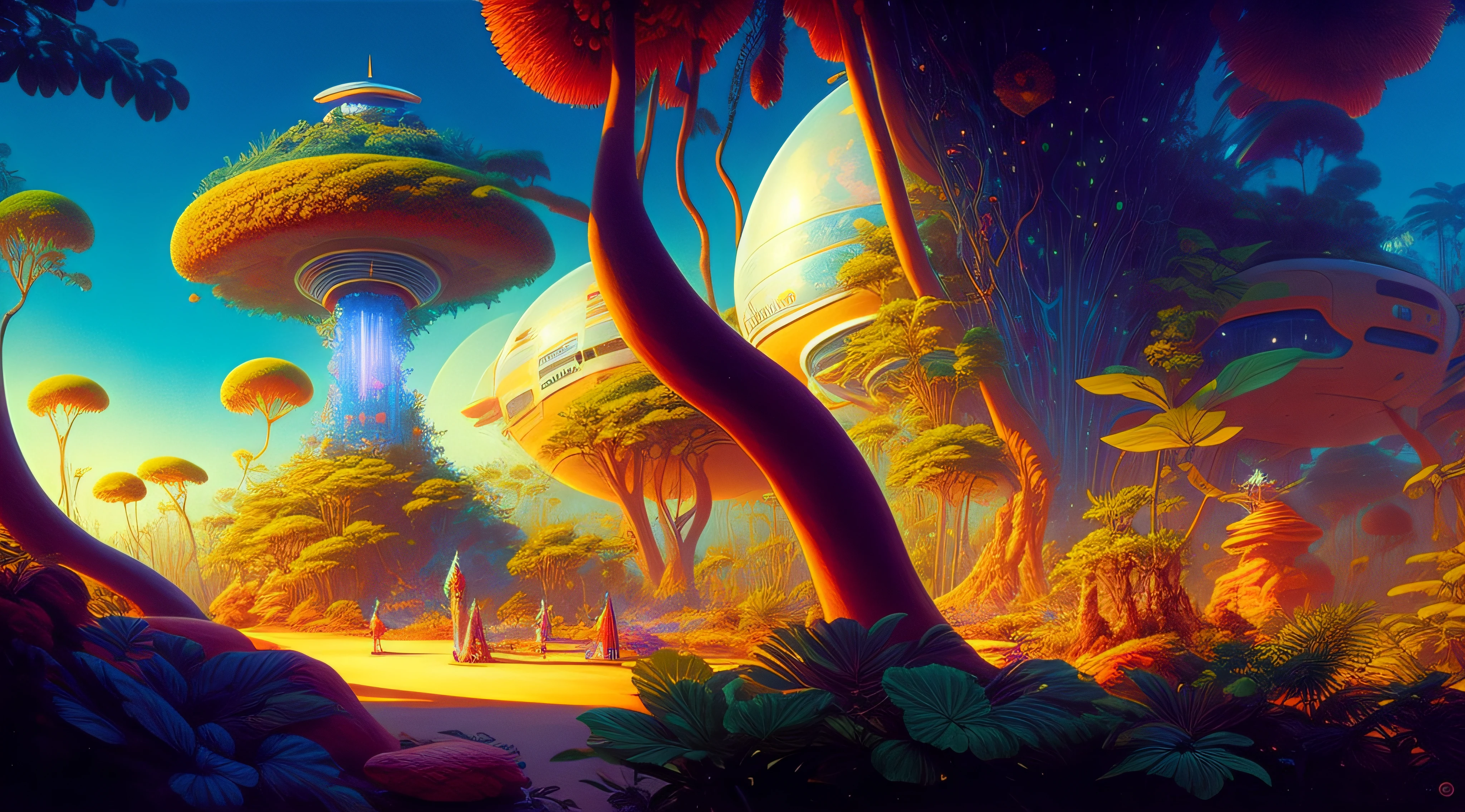 There's a woman with her head in the middle of a futuristic rainforest, Tomorrowland, floresta, vegetation, tropical, Core World Symmetrical Portrait Scifi, Beeple e Jean Giraud, Realismo | Bipe, A obra-prima de Beeple, Bipe. hiper-realismoo, beeple daily art, Beeple e Tim Hildebrandt, arte do bipe, Hybrid style beep blend, psychedelic surreal art