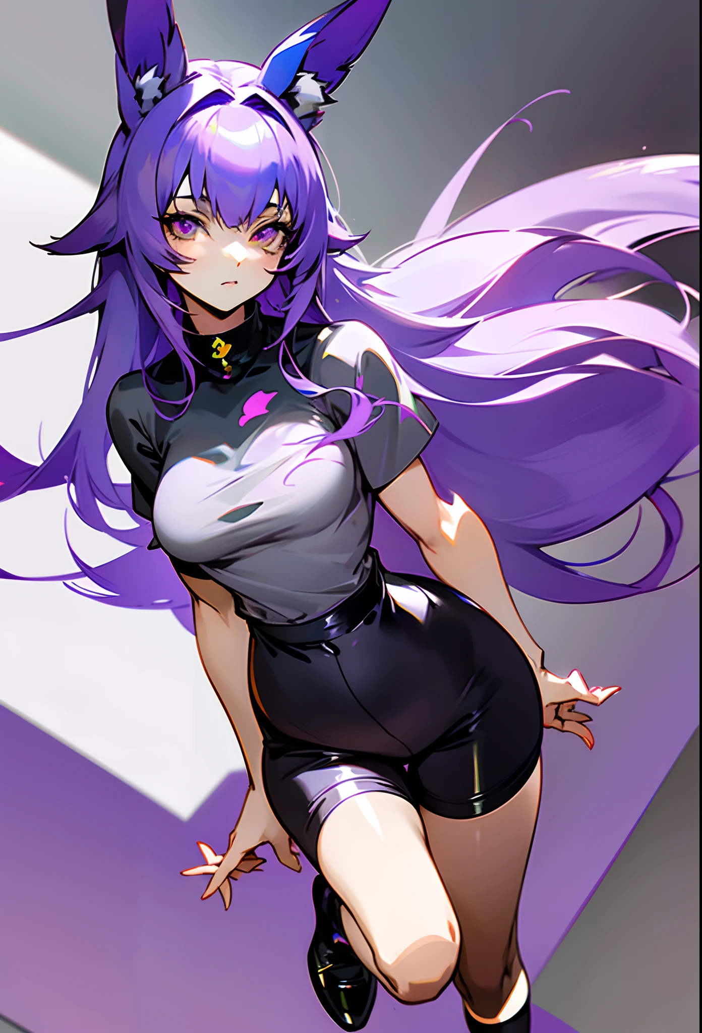 anime - style image of a woman in a gray shirt and black long shortswith purple hair, thicc, commission for high res, oc commission, bunny kemonomimi, purple rabbit ear, realistic shaded, fullbody commission for, loish and wlop, thick black lineart, pov art