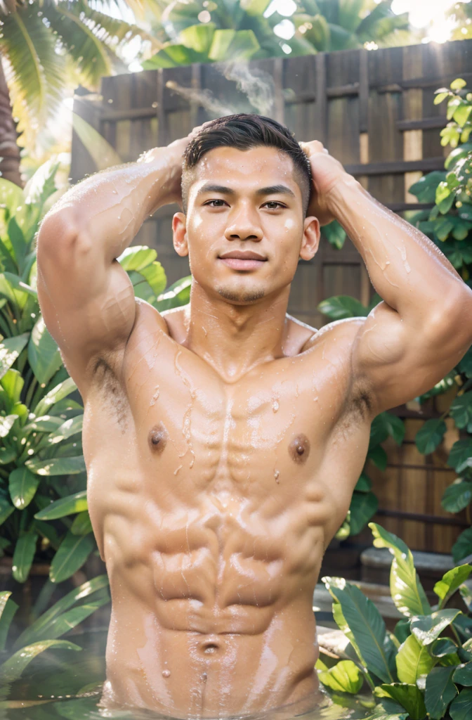 (masterpiece, best quality), 1man, muscular, bright colors, (depth of field: 1.2), sunlight, bright, high exposure, 1boy, male focus, asian, solo, male high school, light skin, , , muscular, handsome, outdoors, bathing with steam, hot spring, hot spring, sweat, look at the audience, depth of field, bokeh, detailed background, detailed lighting, diffuse natural sunlight, diffuse natural skin shine, symmetrical eyes