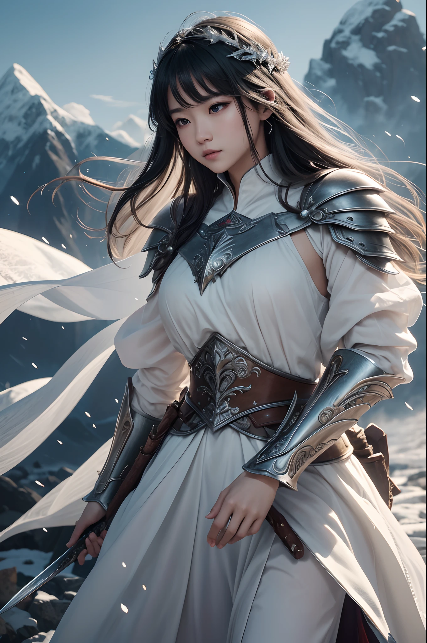 8K、ultra-detailliert、masterpiece、top-quality、(ighly detailed)、dynamic ungle、mysterious look、Wind-effect、Fantasy Background、Rim Lighting、ciinematic light、超A high resolution、8K UHD、film grains、Best Shadows、delicate、RAW、Particles of light、detailed skin textures、detailed armor texture、A detailed face、intricate-detail、ultra-detailliert、发光、strong con、Silver armor、(Holding weapons)、Slashing、Slashing Action、scapular、radiant eyes、 long cloak、Fantasia、(逼真)、armor on the shoulders、Convoluted、Convoluted、Perfect litthing、looking at the viewers、电影灯光、flying though the air、flight、Holy Light、Brilliant、bangss、Windy、Frozen mountains々、Long white wavy hair、Rich Queen