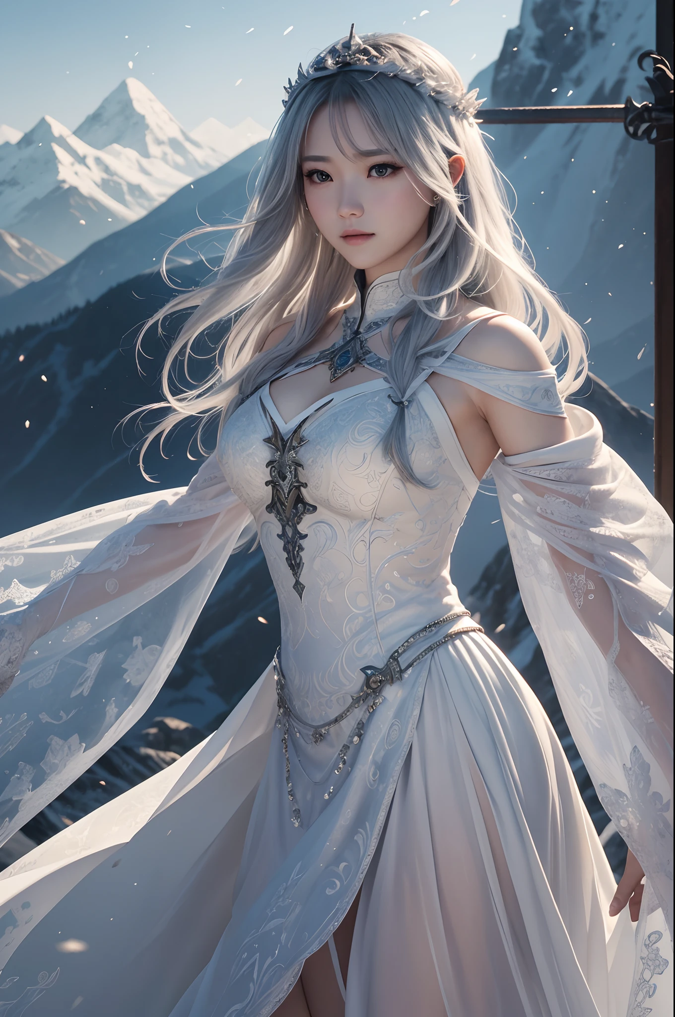 8K、ultra-detailliert、masterpiece、top-quality、(ighly detailed)、dynamic ungle、mysterious look、Wind-effect、Fantasy Background、Rim Lighting、ciinematic light、超A high resolution、8K UHD、film grains、Best Shadows、delicate、RAW、Particles of light、detailed skin textures、detailed armor texture、A detailed face、intricate-detail、ultra-detailliert、发光、strong con、Silver armor、(Holding weapons)、Slashing、Slashing Action、scapular、radiant eyes、 long cloak、Fantasia、(逼真)、armor on the shoulders、Convoluted、Convoluted、Perfect litthing、looking at the viewers、电影灯光、flying though the air、flight、Holy Light、Brilliant、bangss、Windy、Frozen mountains々、Long white wavy hair、Rich Queen