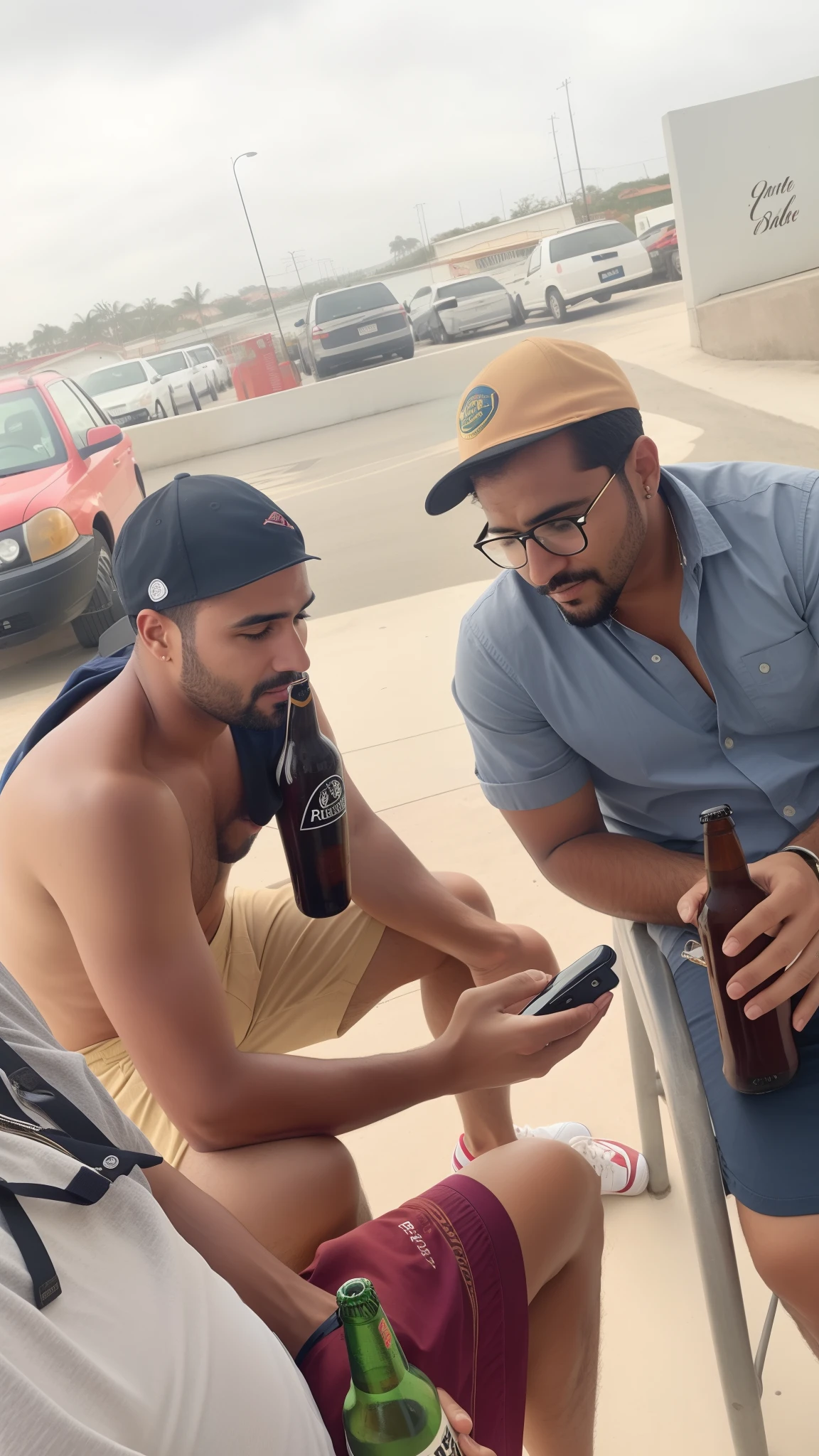 They're sitting on a bench with a beer and a cell phone, the two of them wearing caps, o de camisa usa oculos e possui cabelos grisalhos, Capturado no iPhone, facebook post, pessoas bebendo cerveja, instagram story, Directed by: Felipe Seade, beber uma cerveja, foto muito precisa, Postagem no Reddit, Carregado, david rios ferreira, Directed by: Joseph Pisani, beber cerveja