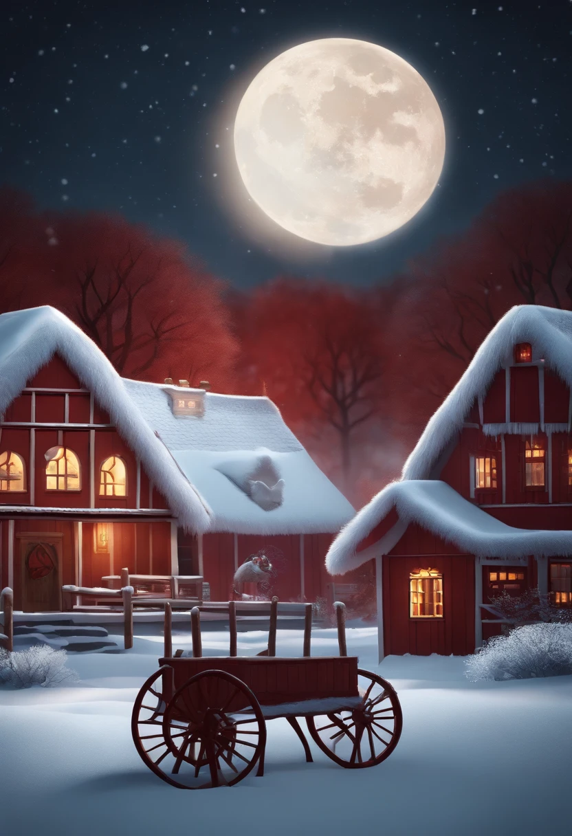 Red tone, A giant wheel illuminates the entire rural area of the Northeast, The village is full of snowflakes, A white fox demon with 9 tails spits out a night pearl, Towards the moon, In the lower right corner, There was a house where there were a few faces peeking inside