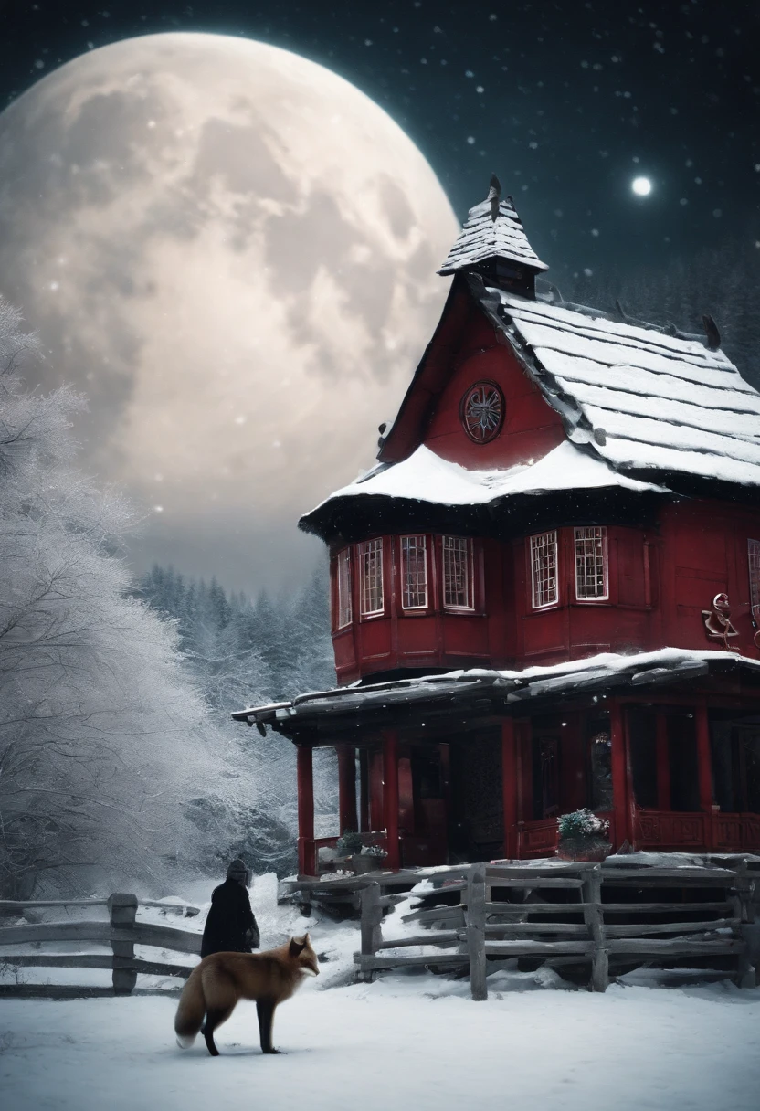 Red tone, A giant wheel illuminates the entire rural area of the Northeast, The village is full of snowflakes, A white fox demon with 9 tails spits out a night pearl, Towards the moon, In the lower right corner, There was a house where there were a few faces peeking inside