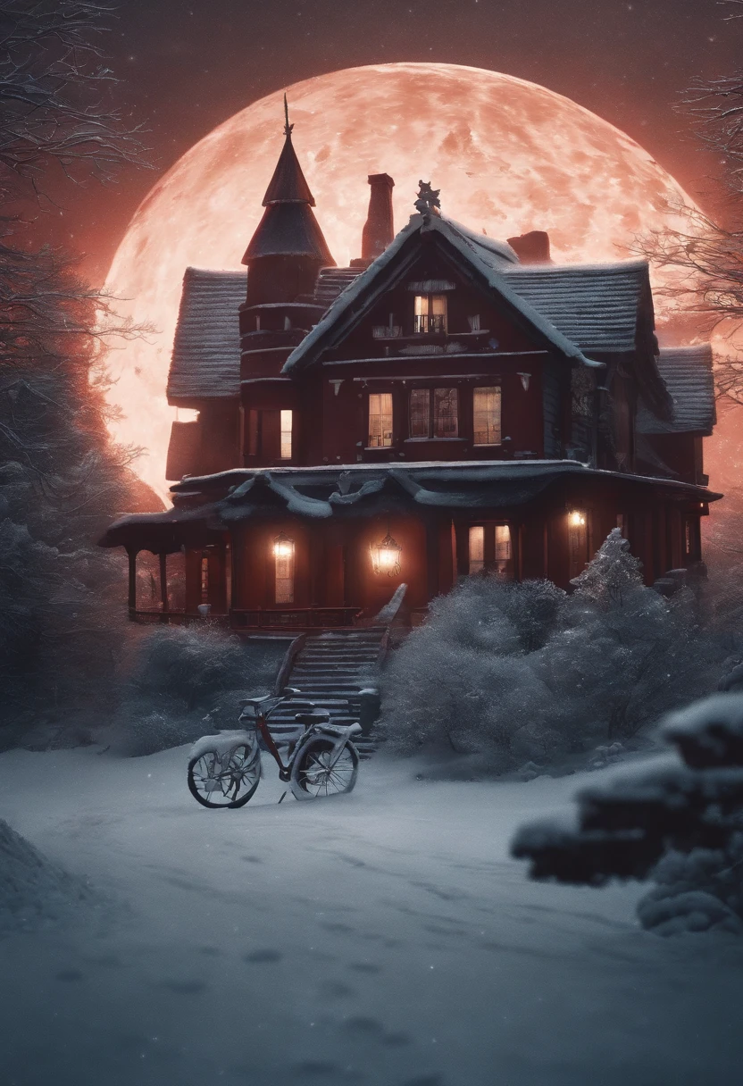 Red tone, A giant wheel illuminates the entire rural area of the Northeast, The village is full of snowflakes, A white fox demon with 9 tails spits out a night pearl, Towards the moon, In the lower right corner, There was a house where there were a few faces peeking inside