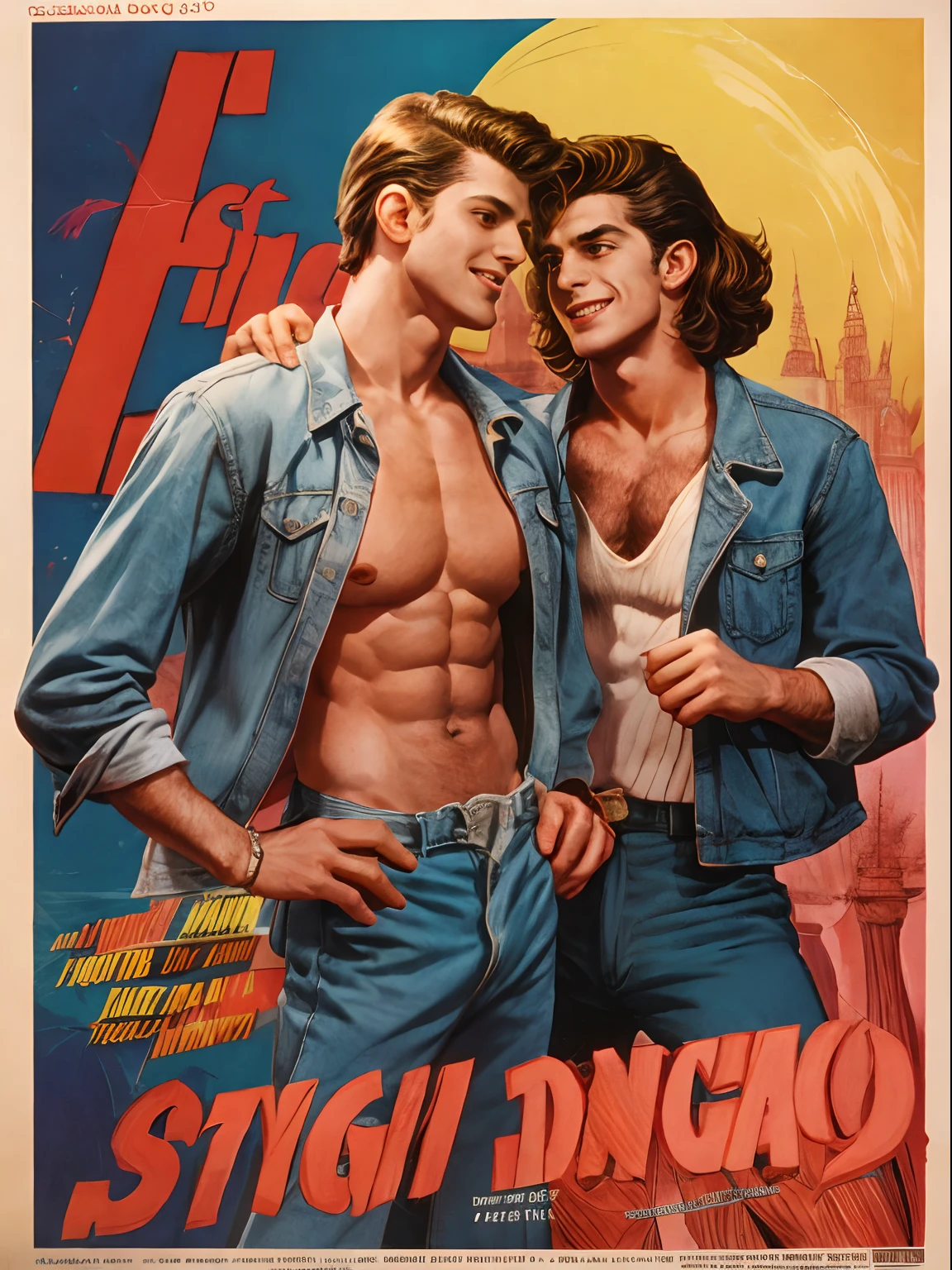 1980s \(style\) retro movie poster, skinny latin boy, (two hairy gay men with grins:0.9), huge bold text, poster art, disco theme, strong, bold inking techniques, romantic design