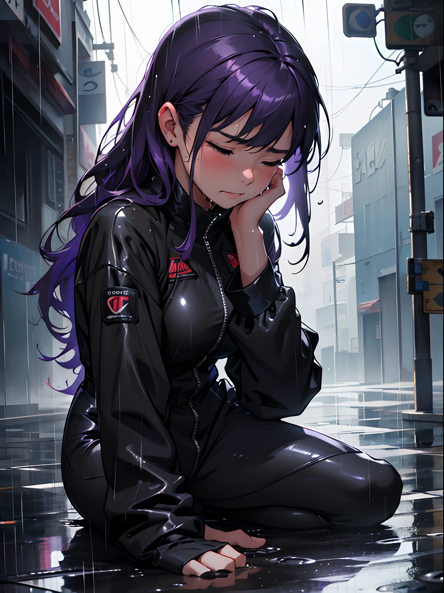 Best Quality,4k,8K,hight resolution,Masterpiece:1.2),Ultra-detailed,), Pouring rain, Heartbreaking scene with a girl, sitting on the ground, Wet hair stuck to my face, Tears run down her face, emotional breakdown,long purple hair, Black futuristic jumpsuit, Glistening tears in my eyes, It's pouring rain outside, The girl sobs uncontrollably, Dramatic atmosphere, water droplets on face, Reflection of raindrops on the ground. explosion. She screams. Uncontrollable crying. Violent sobs. Loss. very beatiful girl. Black Hero Costume. Violent sobs. tears in my eyes. Glistening Tears. wet hair. Closed eyes