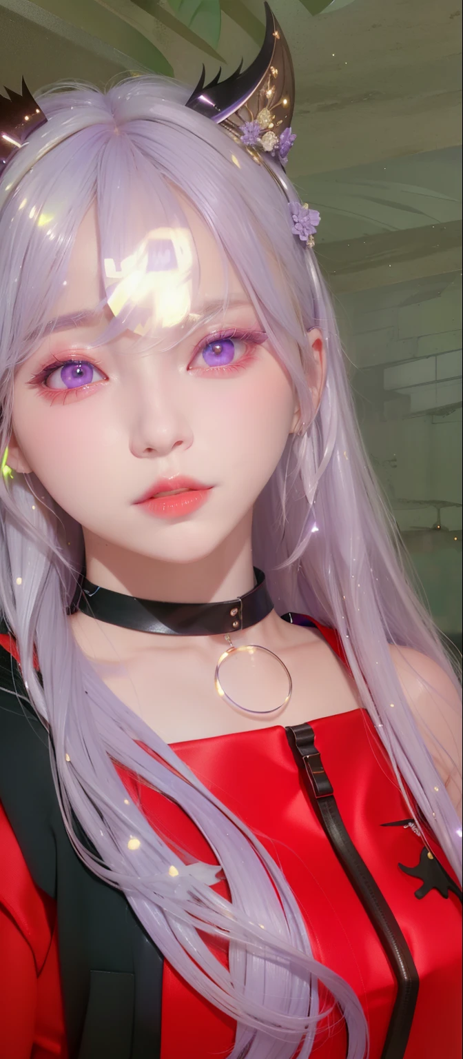 realistic, 1girl, white hair, purple eyes, glowing eyes, crop top, skirt, parted lips, blush, night, flowers, sun, sunlight,