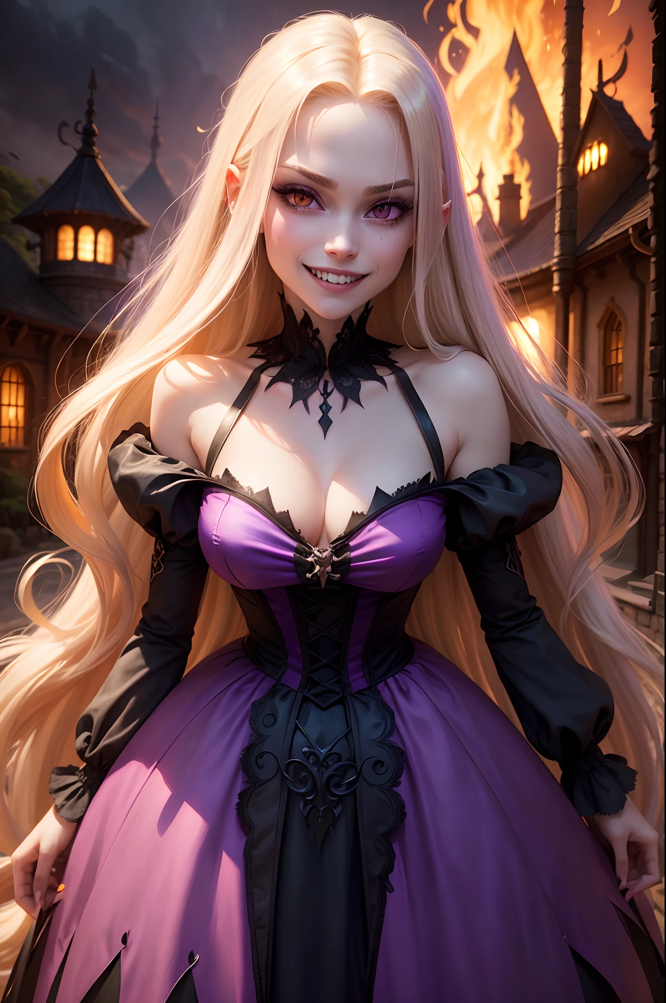 A vampire Rapunzel (very evil looks) of ‎Tangled (very evil looks), Rapunzel  the Disney princess from Tangled animated movie 2010, creepy and beautiful vampire Rapunzel, big chest, bloody teeth of a vampire,  beautiful looks, and pale skin of a vampire, evil, and beauty  looks at the same time, mixed of evil and beautiful vampire eyes, blond  very long hair of Rapunzel, very long hair,  evil smile for evil vampire Rapunzel, blood on her face especially on her mouth , perfect body shape, Rapunzel dressed same purple dress from Tangled Disney animation movie, the dress inspired from the Tangled animated movie 2010, the dress purple (not black ), evil smile with vampire fangs show from inside her mouth , (smirks:1.2), (( fire and dark and creepy  jungle in background   )), cinematic, insane details, "the vampire bats  flying in  the background", intricate details, hyperdetailed, neon colors ((hdr)), ((vignette)), one shot in photo