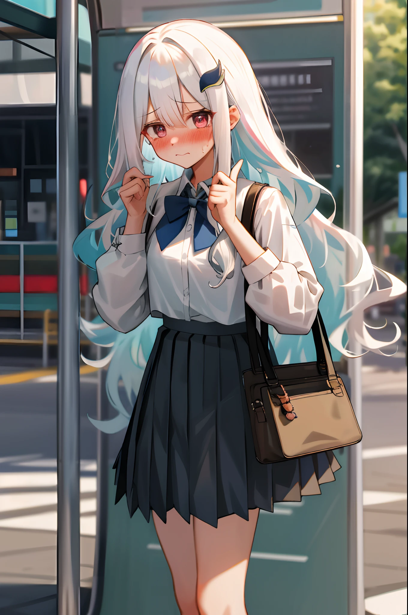 One girl with long wavy hair, white hair, looking at viewer, embarrassed, blushing, tears, outdoor , road, bus stop, busway, white shirts, bow tie, pleated skirt , black skirt, mini skirt, midriff, thigh, perfect waist, bag, noon atmosphere, hair ornament, standing, (embarrassed:1.0)