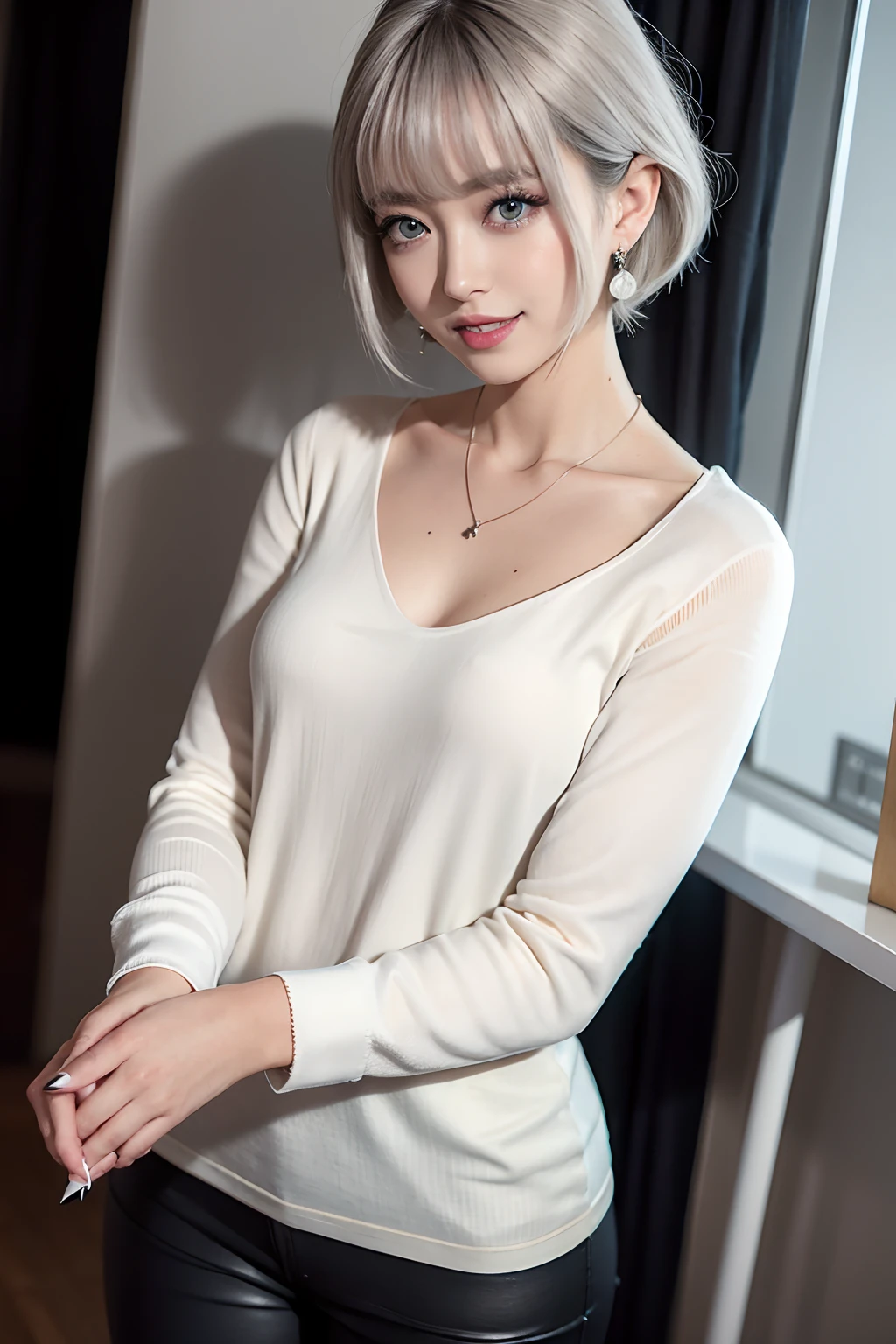 Masterpiece, 8K, award-winning photos, photorealistic, realistic, ultra detailed, ultra high definition, ray tracung,
__
the most beautiful, 22 years old ,(sexy,Japanese idol, gray hair, short hair),shiny skin , detailed skin , detailed face , detailed eyes ,
__
__
(droopy eyes:1.2) ,(Natural makeup:1.2),(smile:1.3),glistening teeth,
__
glowing blue eyes, (tan skin:1.2),
__
BREAK (White theme:1.4), (White Blouse shirt), (long sleeves:1.2), ((collarbone, wrist):1.3),
BREAK (black theme:1.2), (black tight pants:1.2), (White high heels:1.2), ((necklace, earrings):1.2),
__
at a shopping mall, highly detailed background, , ultra-realistic textures, dramatic lighting ,raw photo, 1girl,